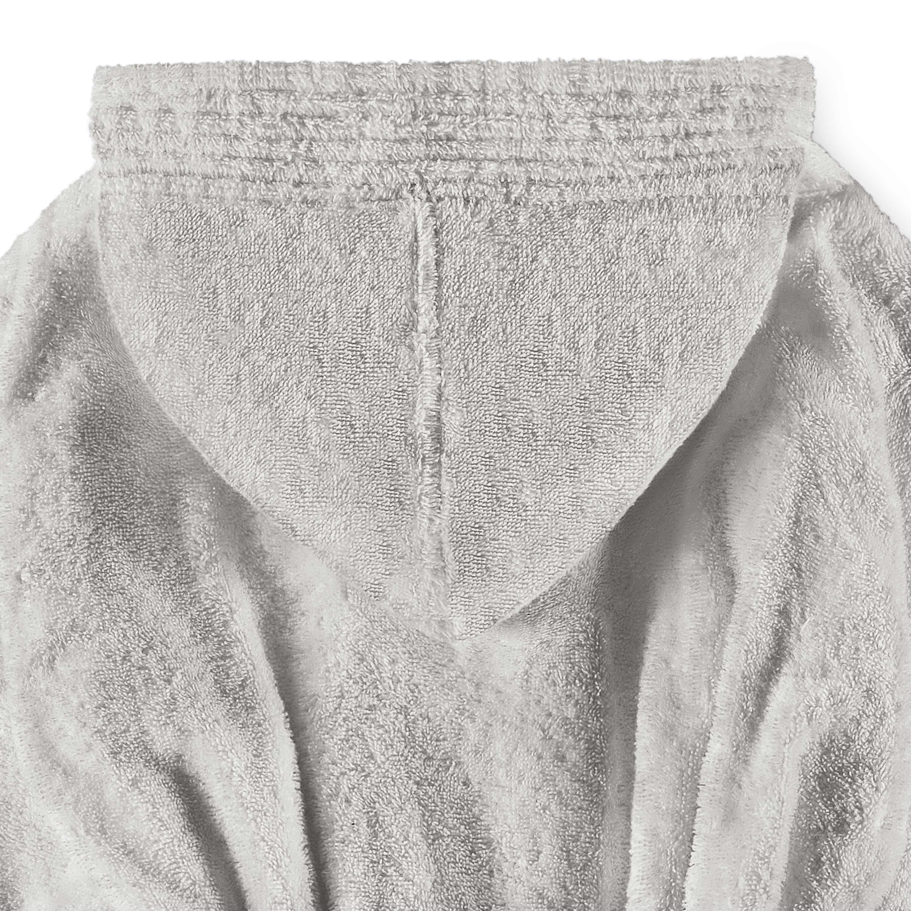 Hooded bath robe in light gray with textured fabric and stitched detailing on the hood.