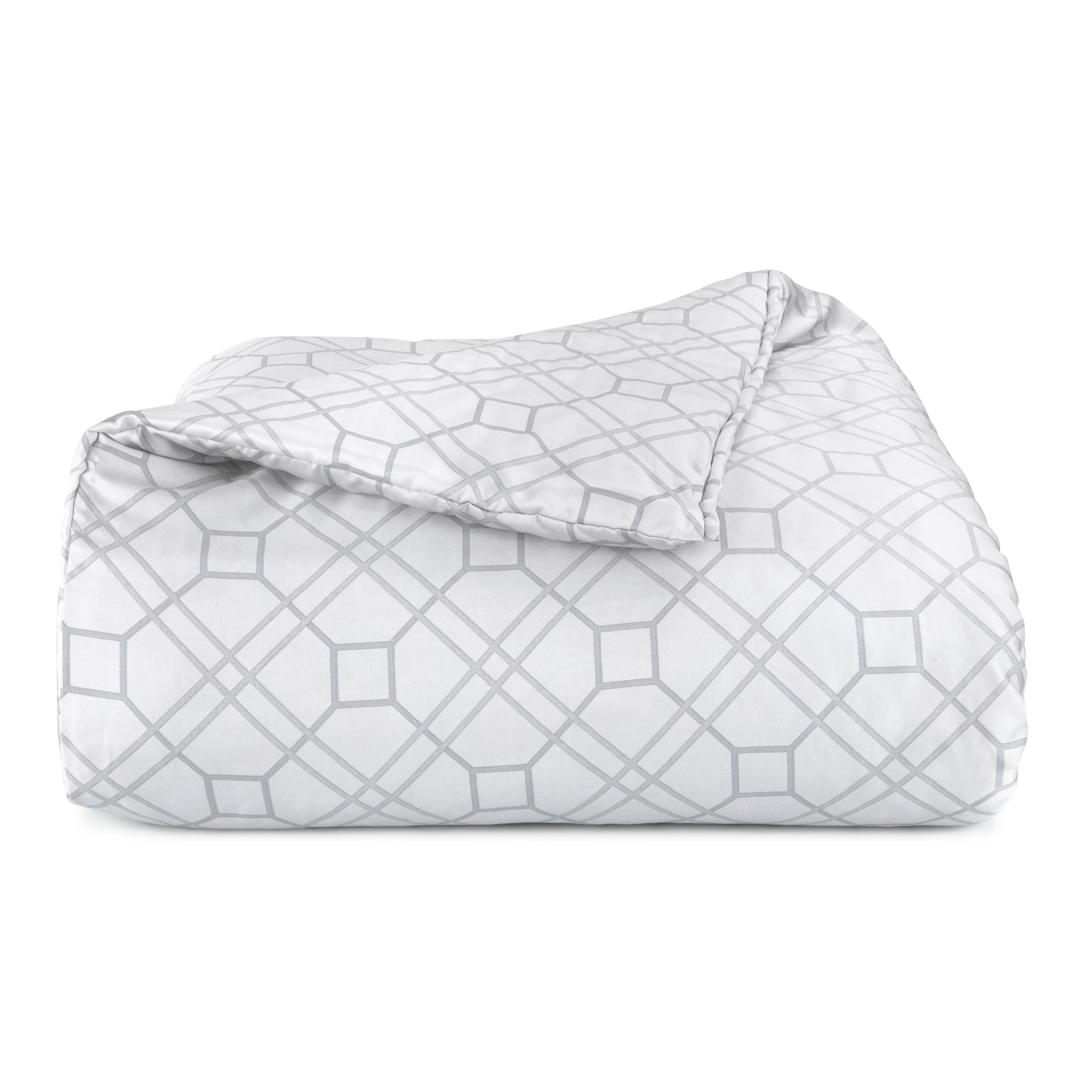 Light gray comforter set featuring a geometric trellis pattern in a soft fabric.