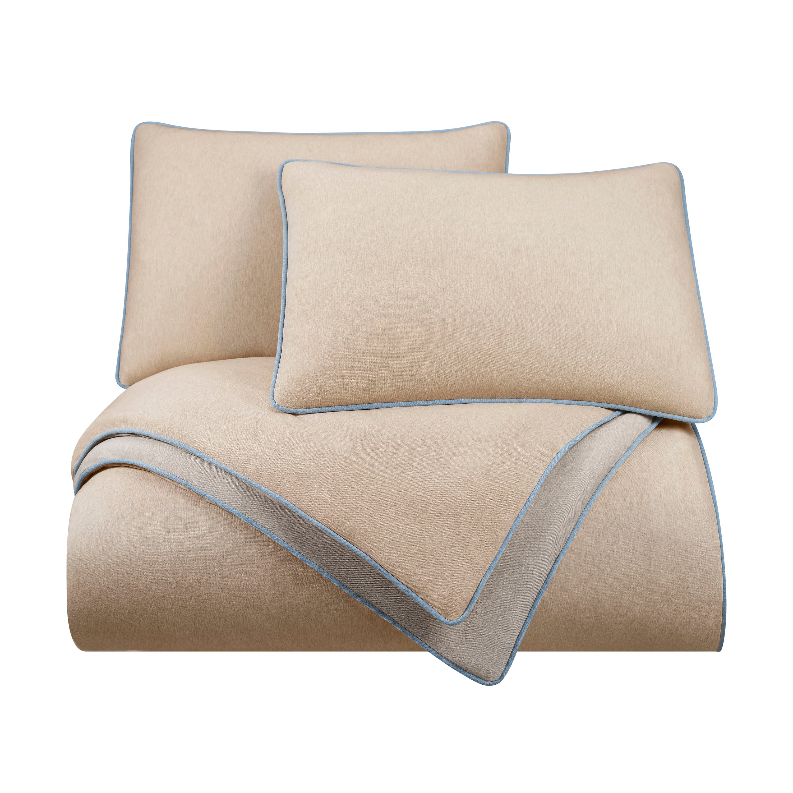 Beige comforter set with two matching pillows, featuring a light blue trim along the edges.