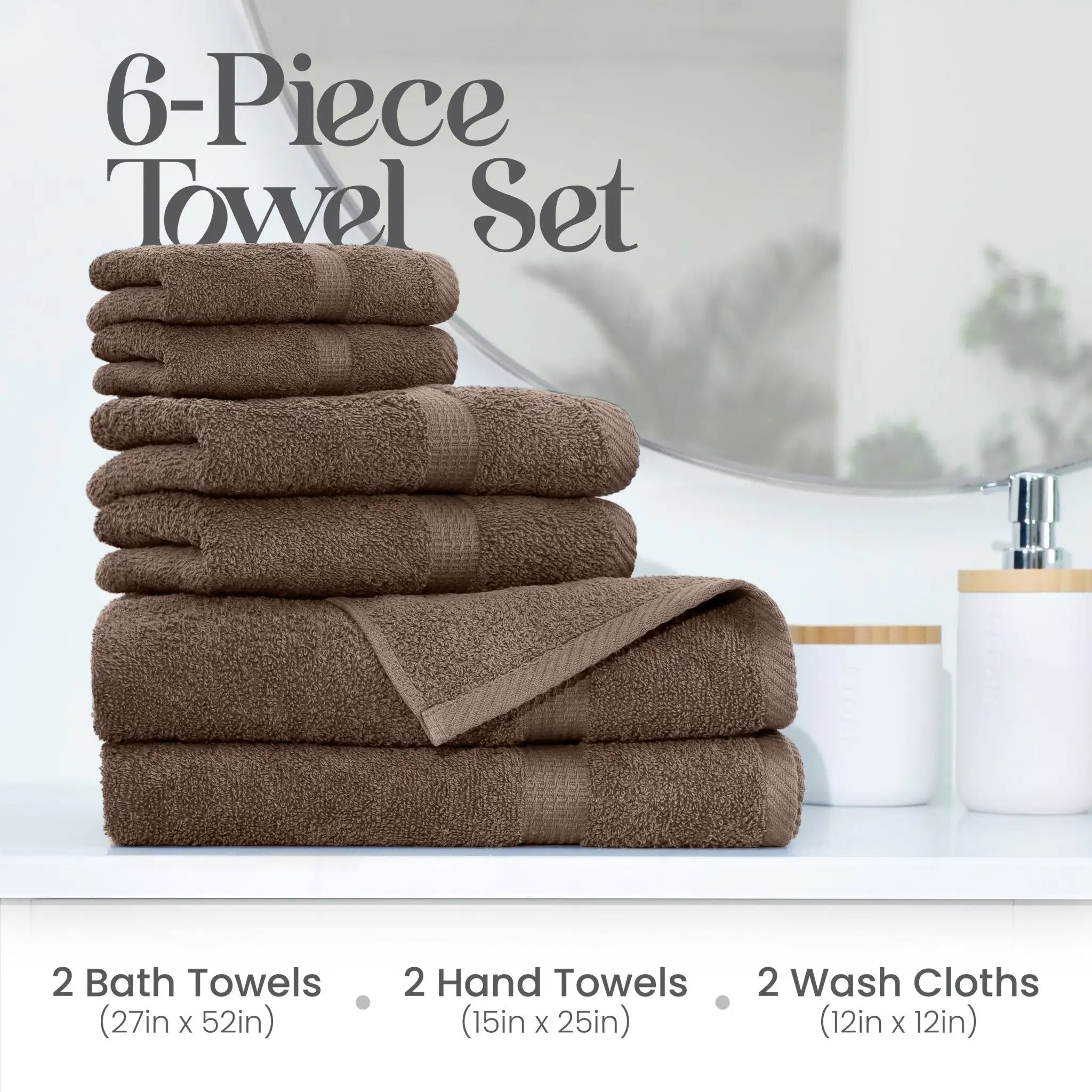 6-piece brown towel set with bath towels, hand towels, and washcloths on a bathroom counter.