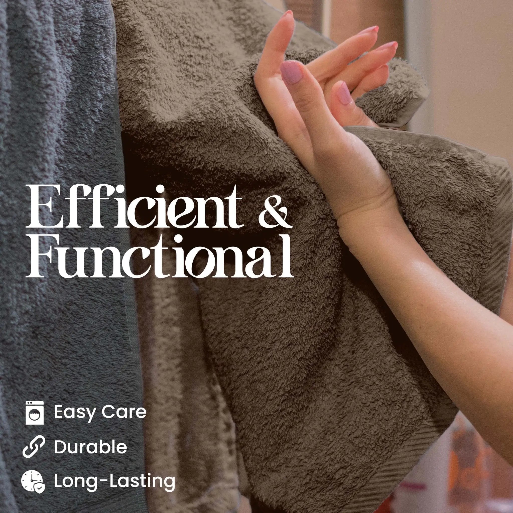 Person holding a brown towel with text 'Efficient & Functional' and icons below.