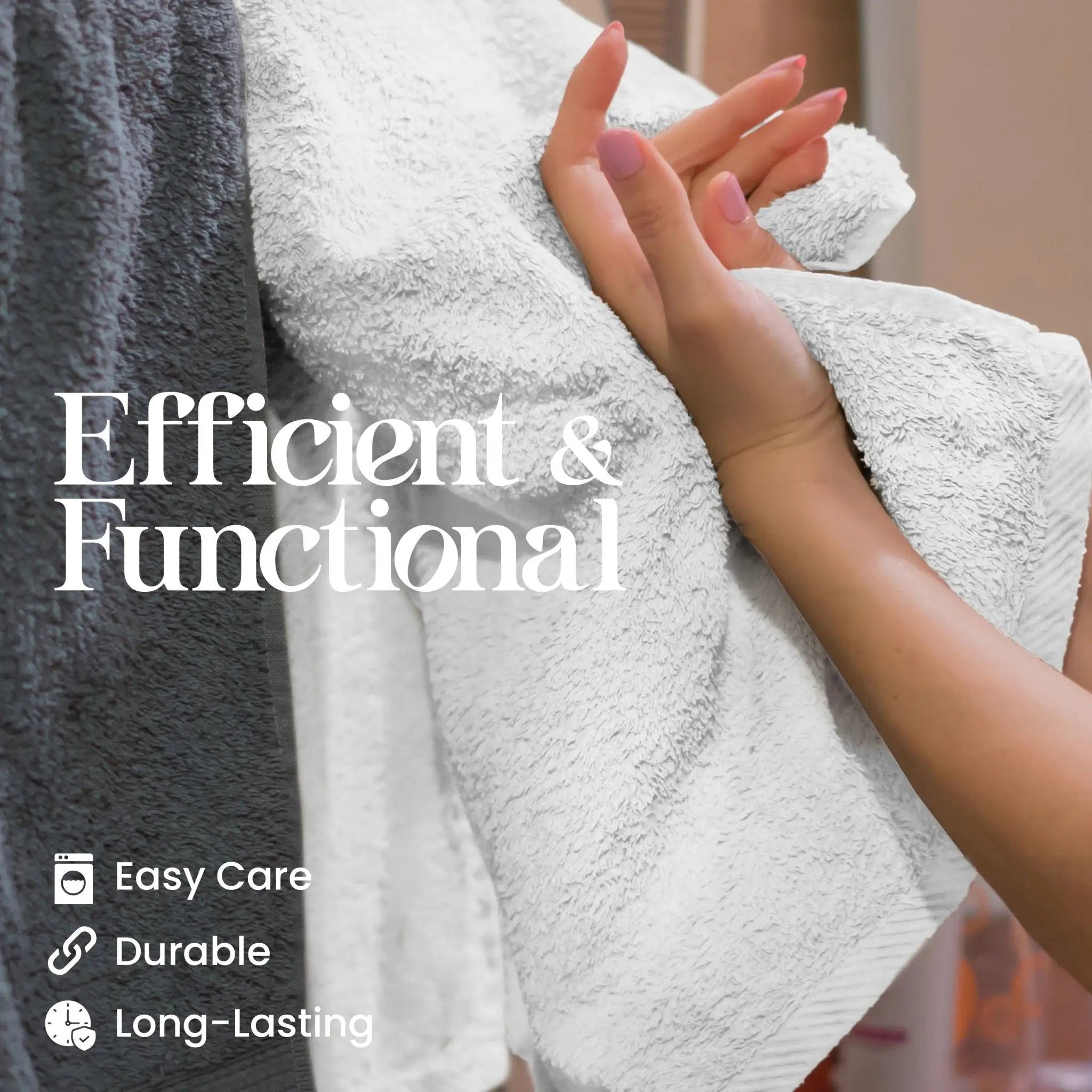 Person holding a white towel with text 'Efficient & Functional' and icons below.