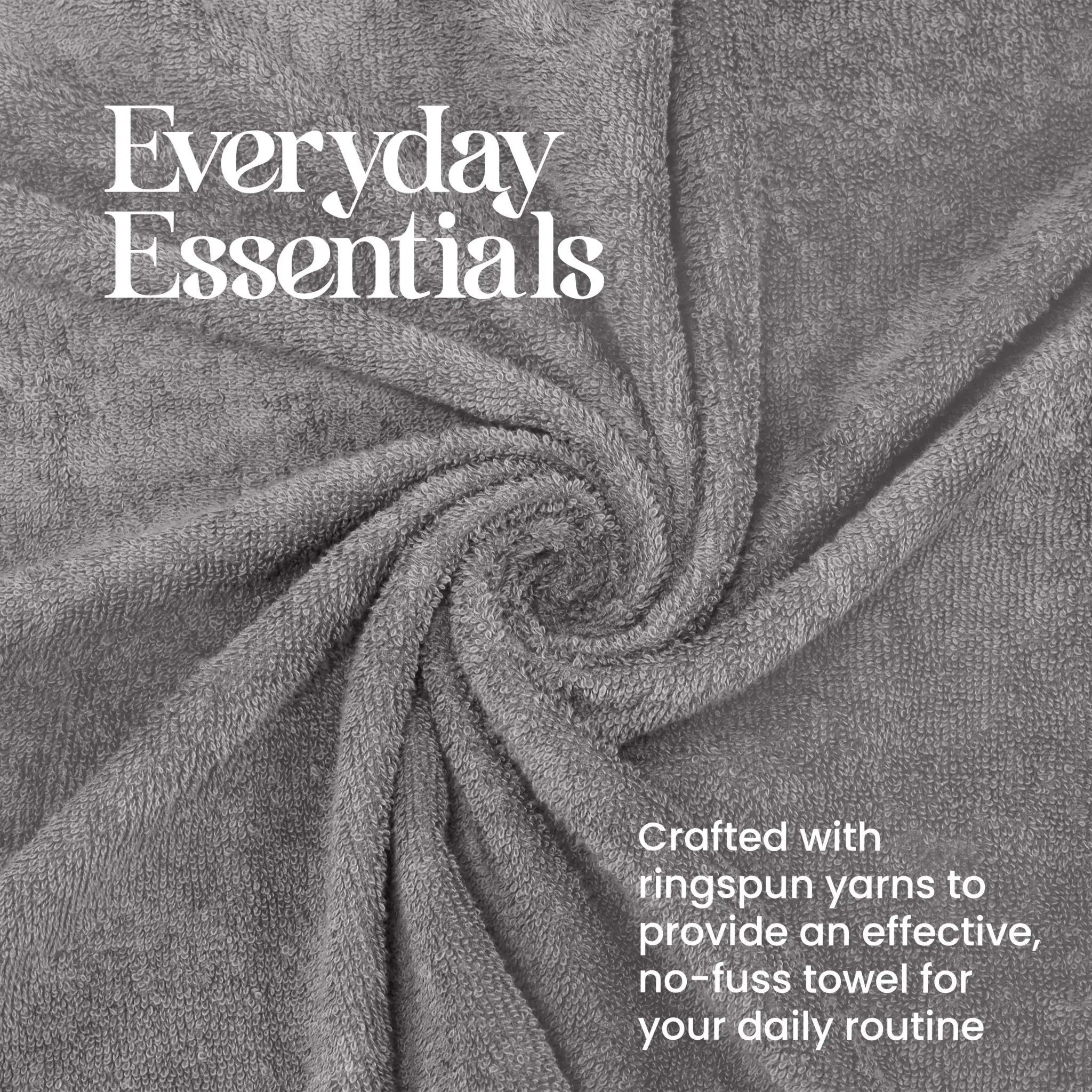 Gray towel with 'Everyday Essentials' text and yarn information