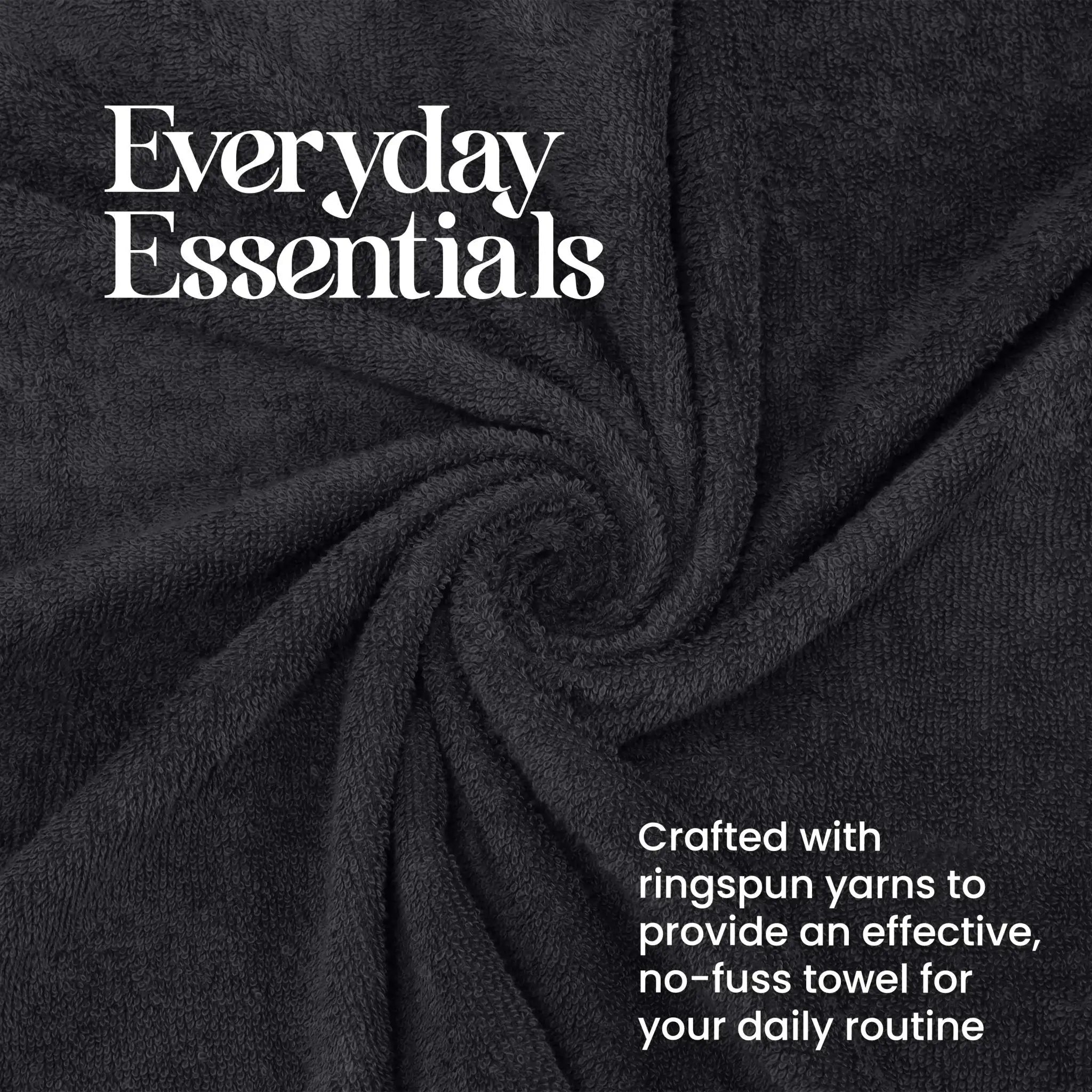 Black towel with 'Everyday Essentials' text and yarn information