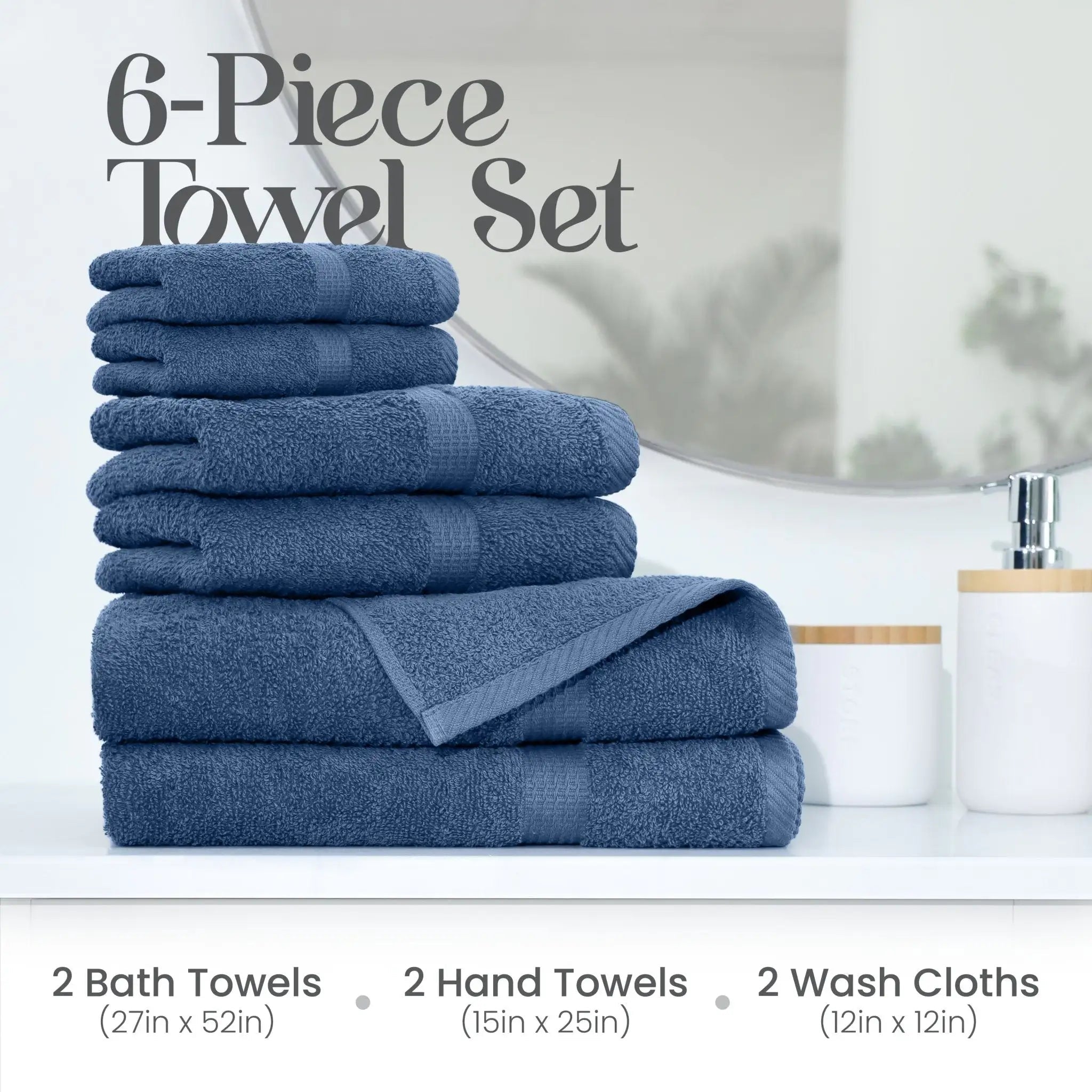 6-piece blue towel set on a bathroom shelf.
