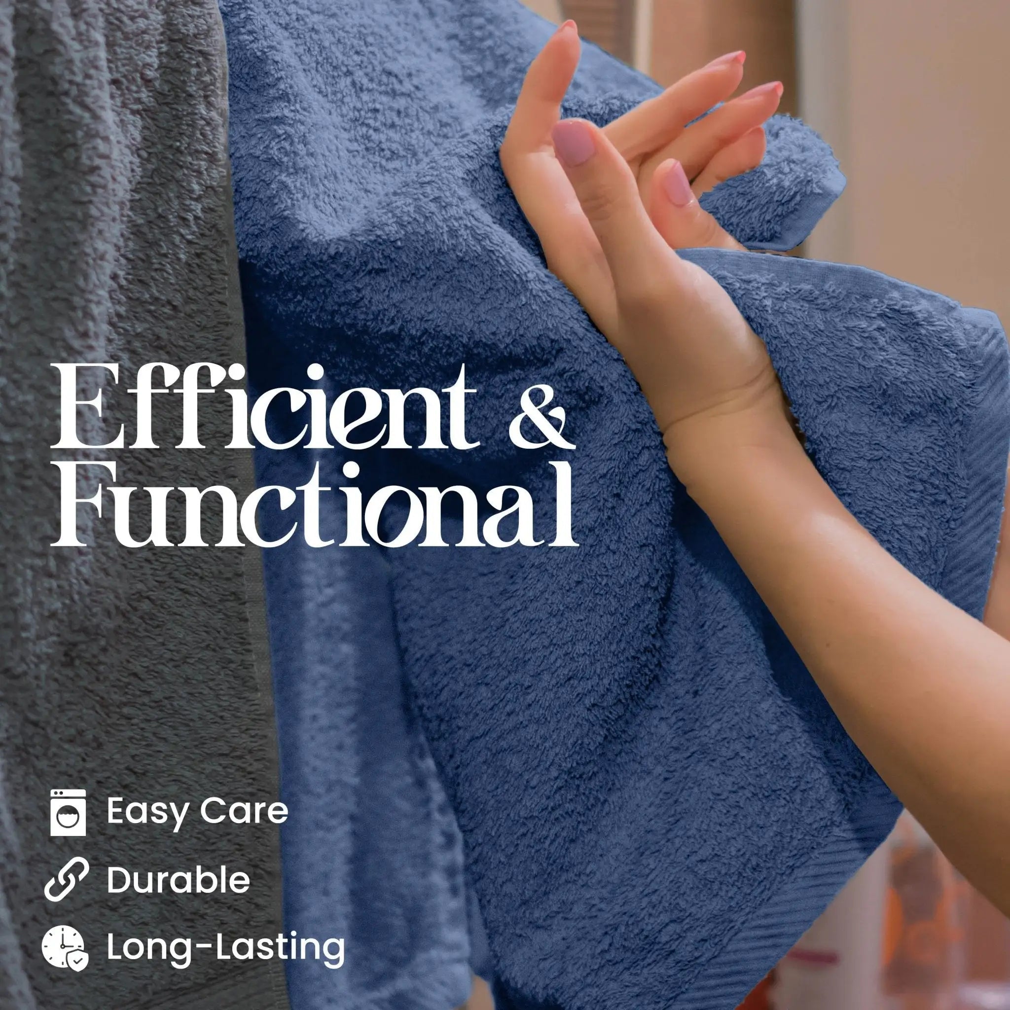 A close-up of a person holding a textured blue towel. Large white text reads 'Efficient & Functional,' and smaller icons and text list benefits like Easy Care, Durable, and Long-Lasting.