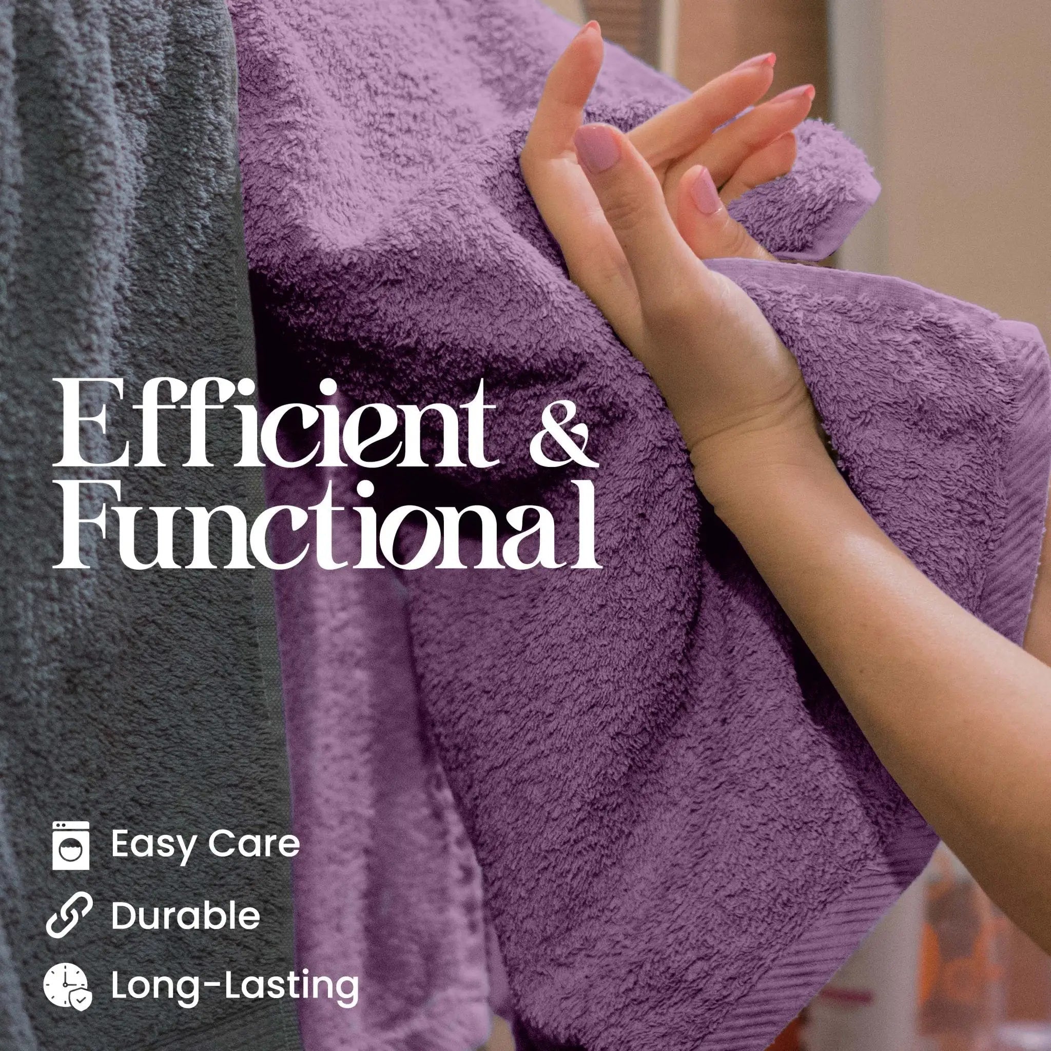 Person holding a purple towel with text about towel properties.