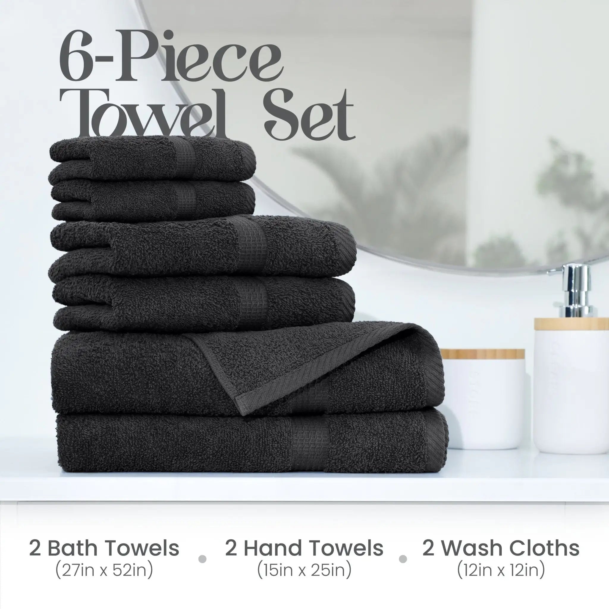 6-piece black towel set on a bathroom counter.