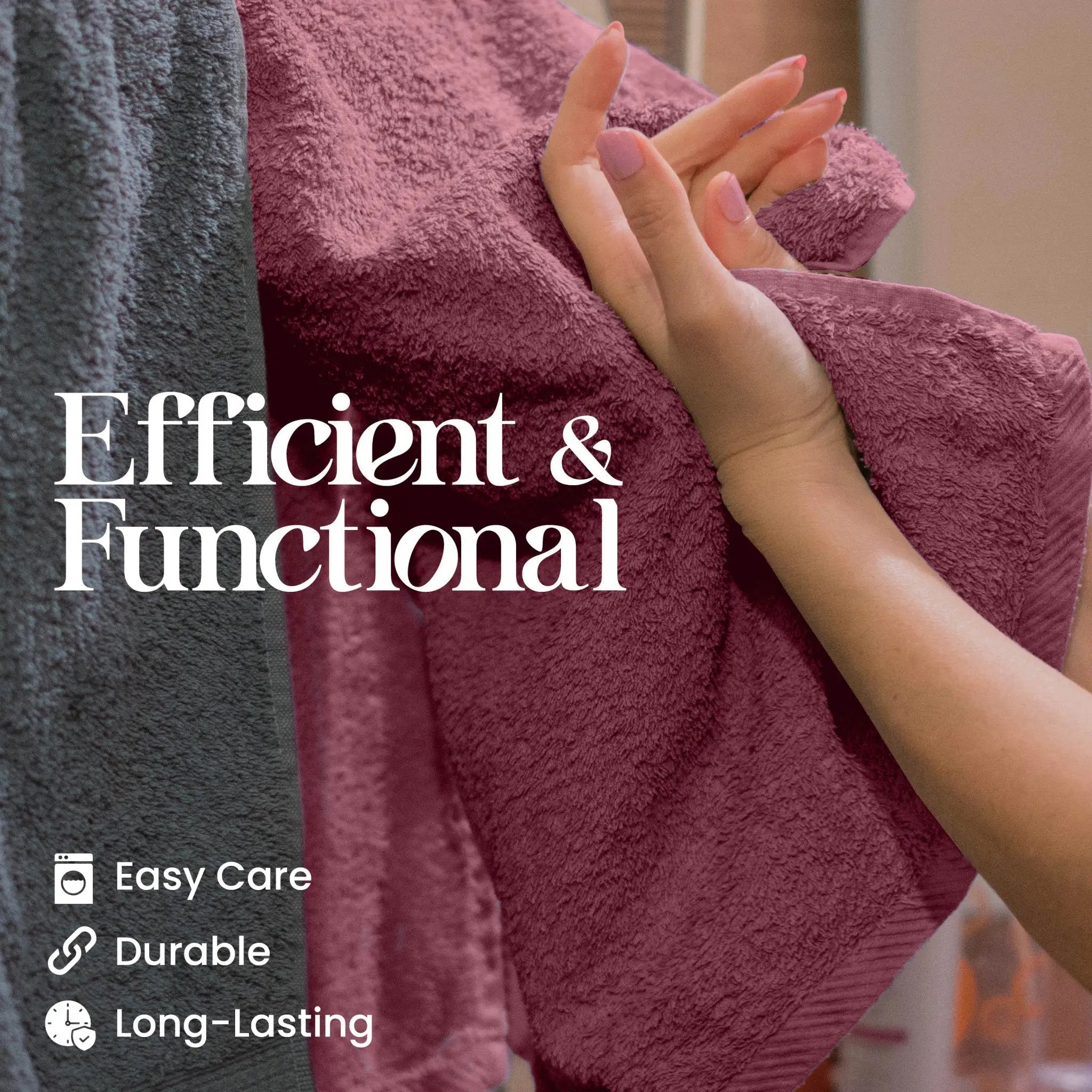 Person holding a soft red towel with text 'Efficient & Functional' and icons indicating easy care, durability, and longevity.