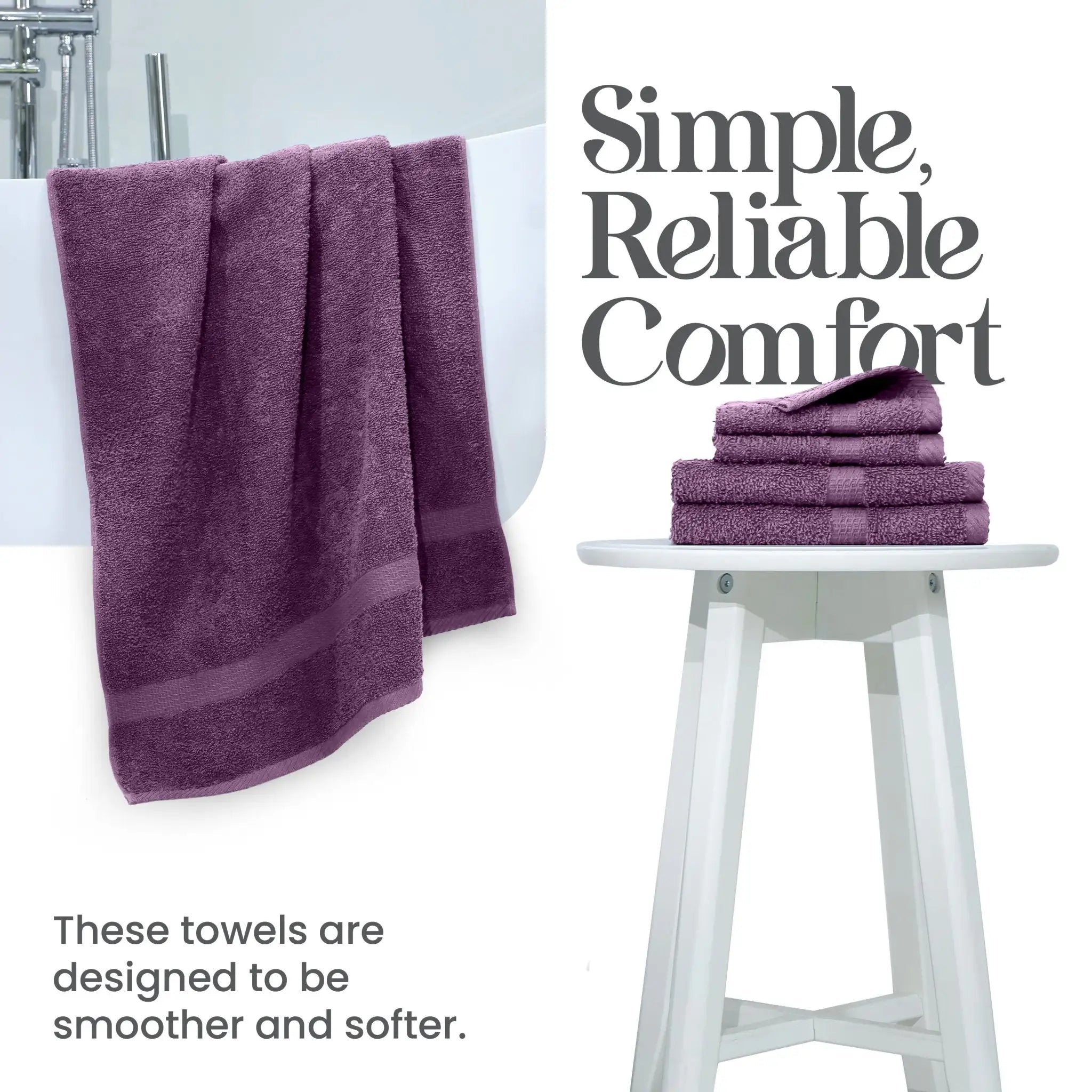 Purple towels on a white stool with text 'Simple, Reliable Comfort' and 'These towels are designed to be smoother and softer.'.