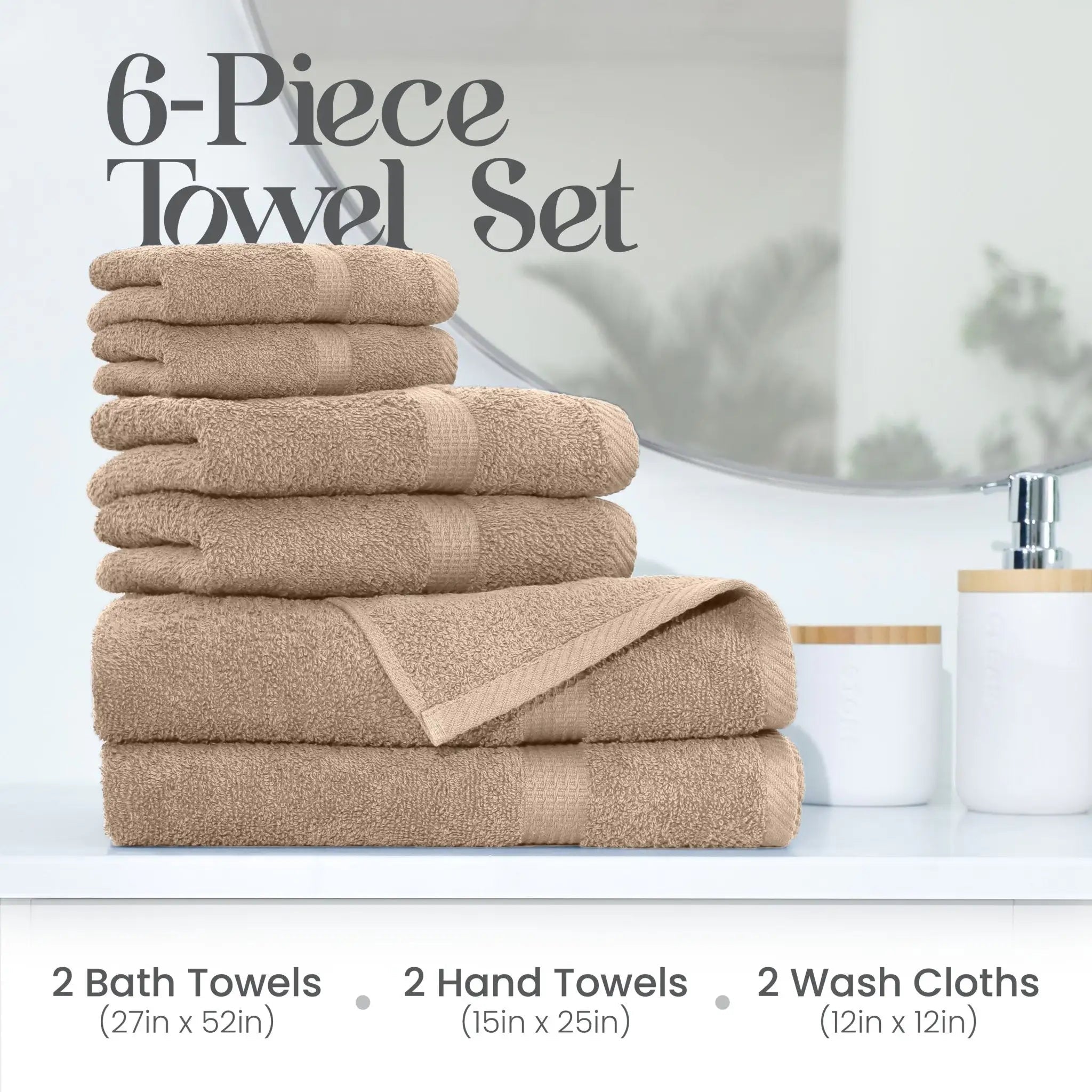 6-piece linen towel set with bath towels, hand towels, and wash cloths on a bathroom counter.