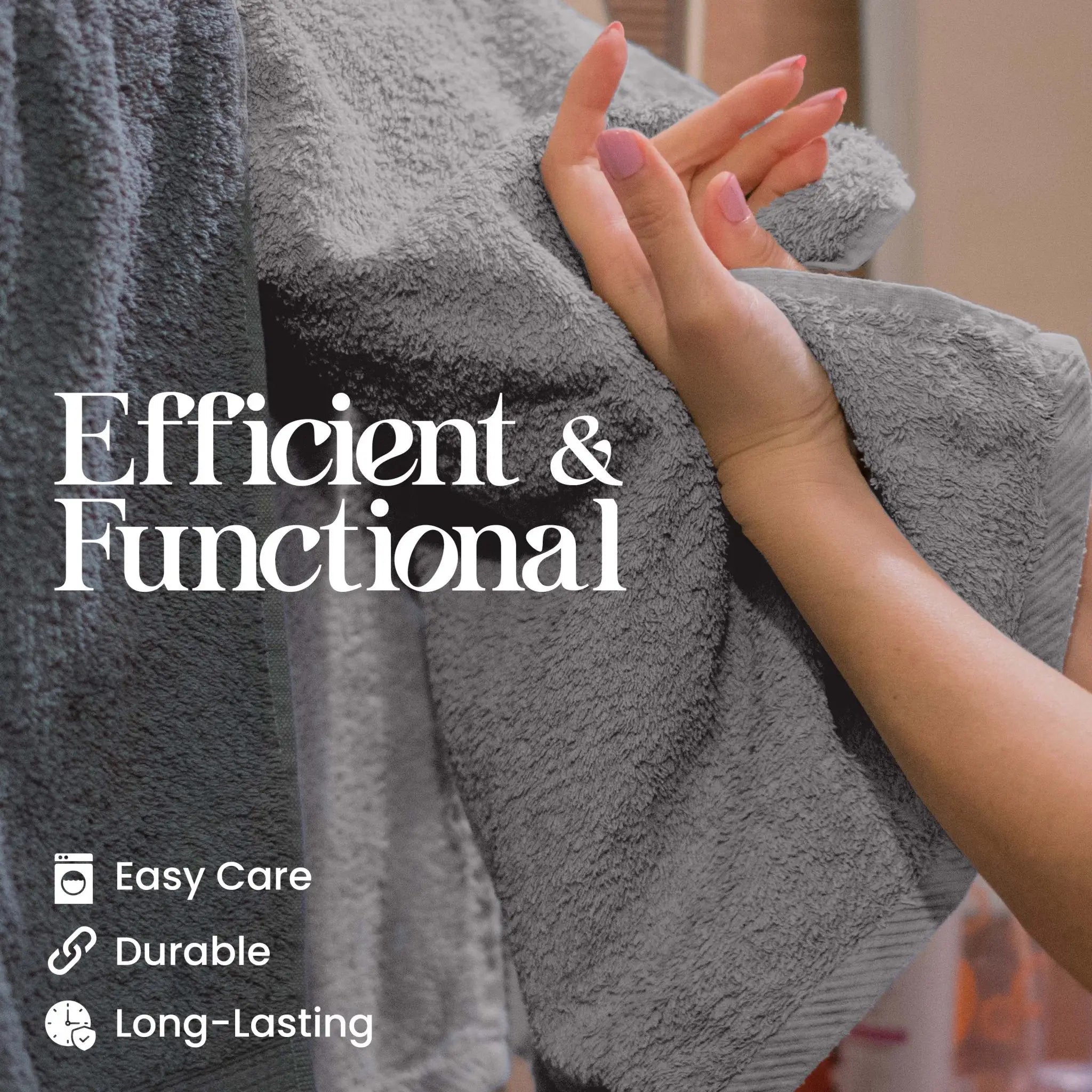 Gray towel with hand holding it, text 'Efficient & Functional' and icons for easy care, durability, and longevity.