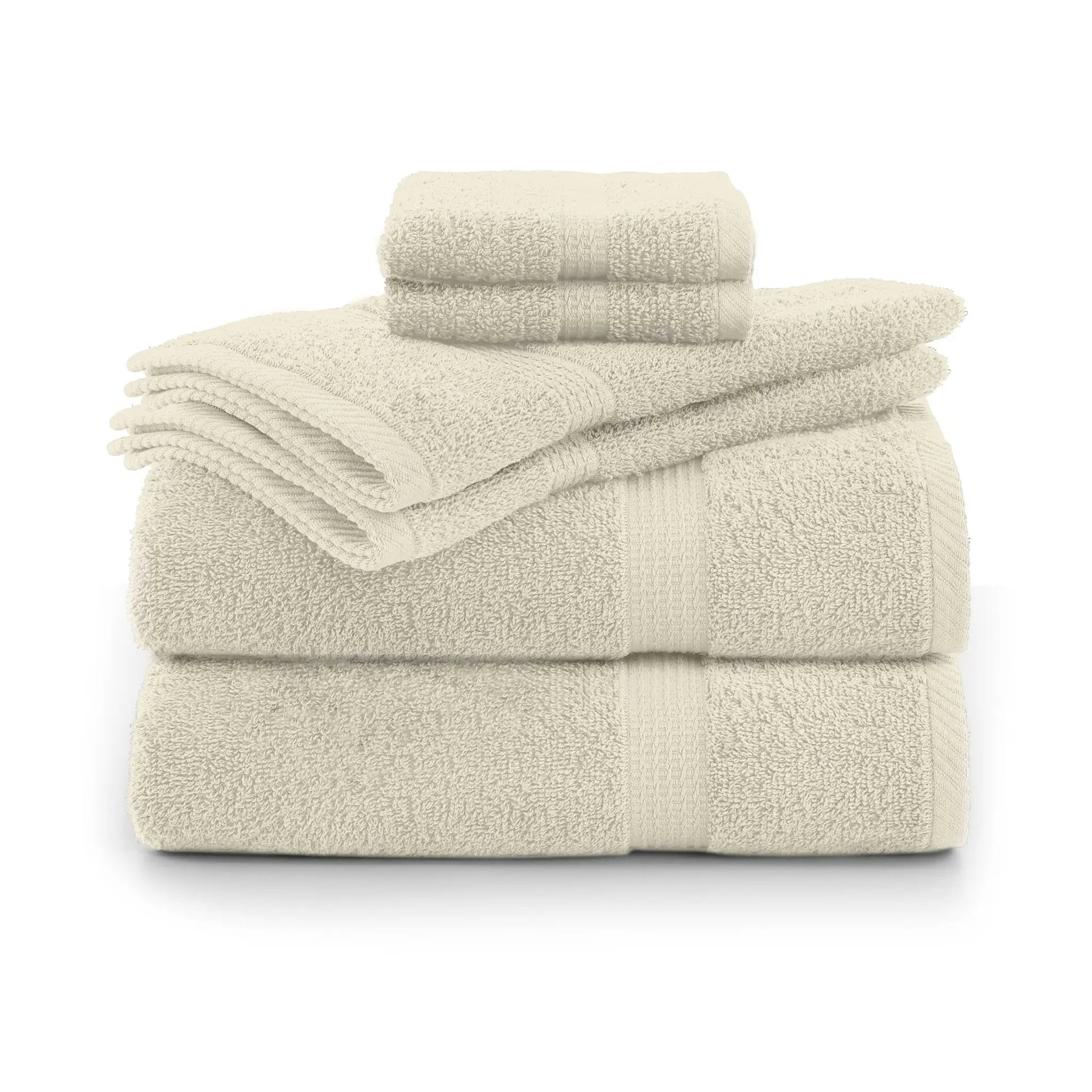 Set of ecru towels stacked on a white background