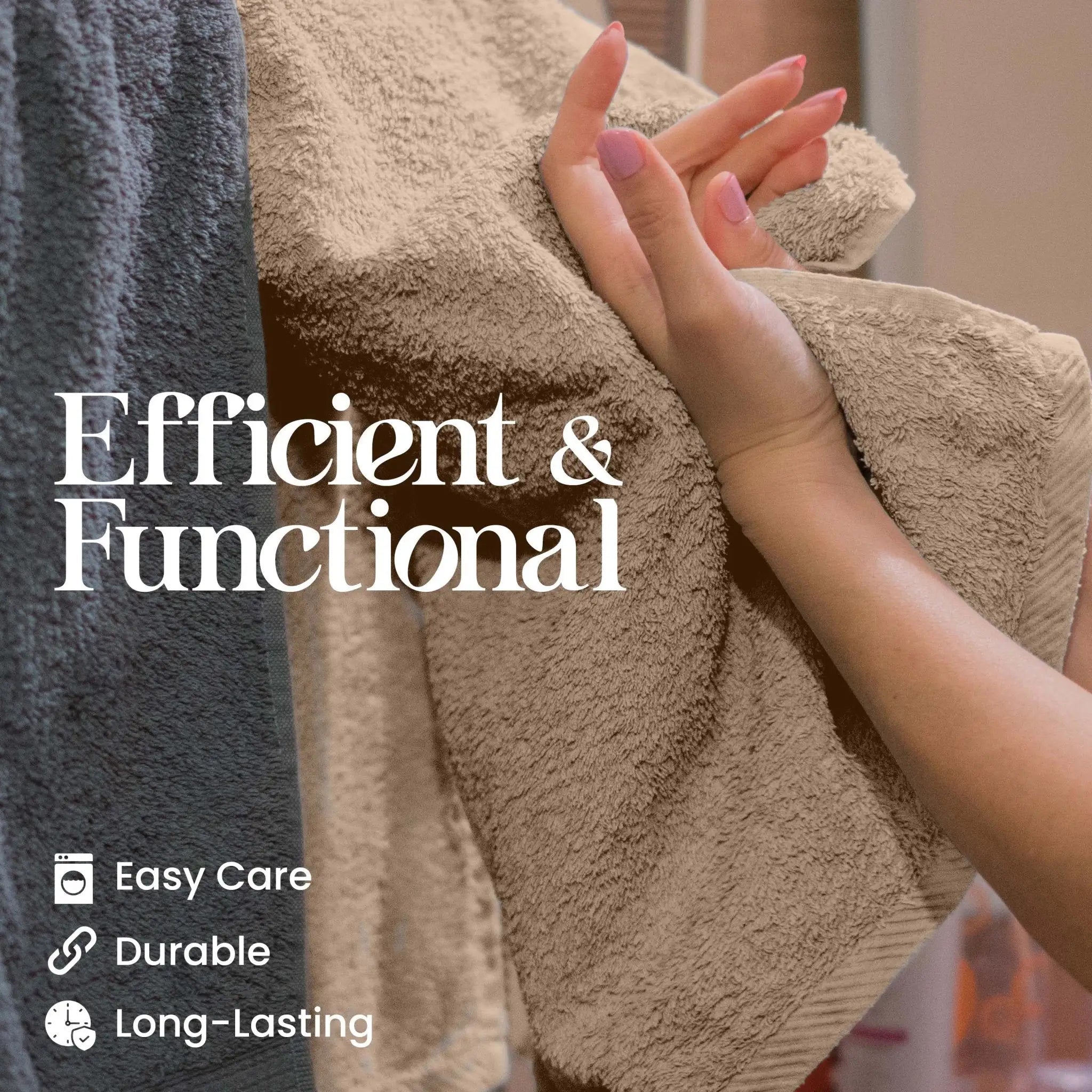 A close-up of a linen textured towel being held by a person's hand. Large white text reads 'Efficient & Functional,' and smaller text lists benefits: 'Easy Care,' 'Durable,' and 'Long-Lasting.