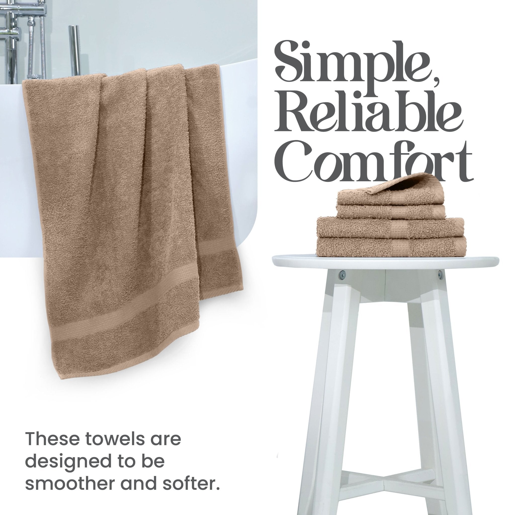 Linen towels hanging and stacked on a stool with text 'Simple, Reliable Comfort' and 'These towels are designed to be smoother and softer.'.