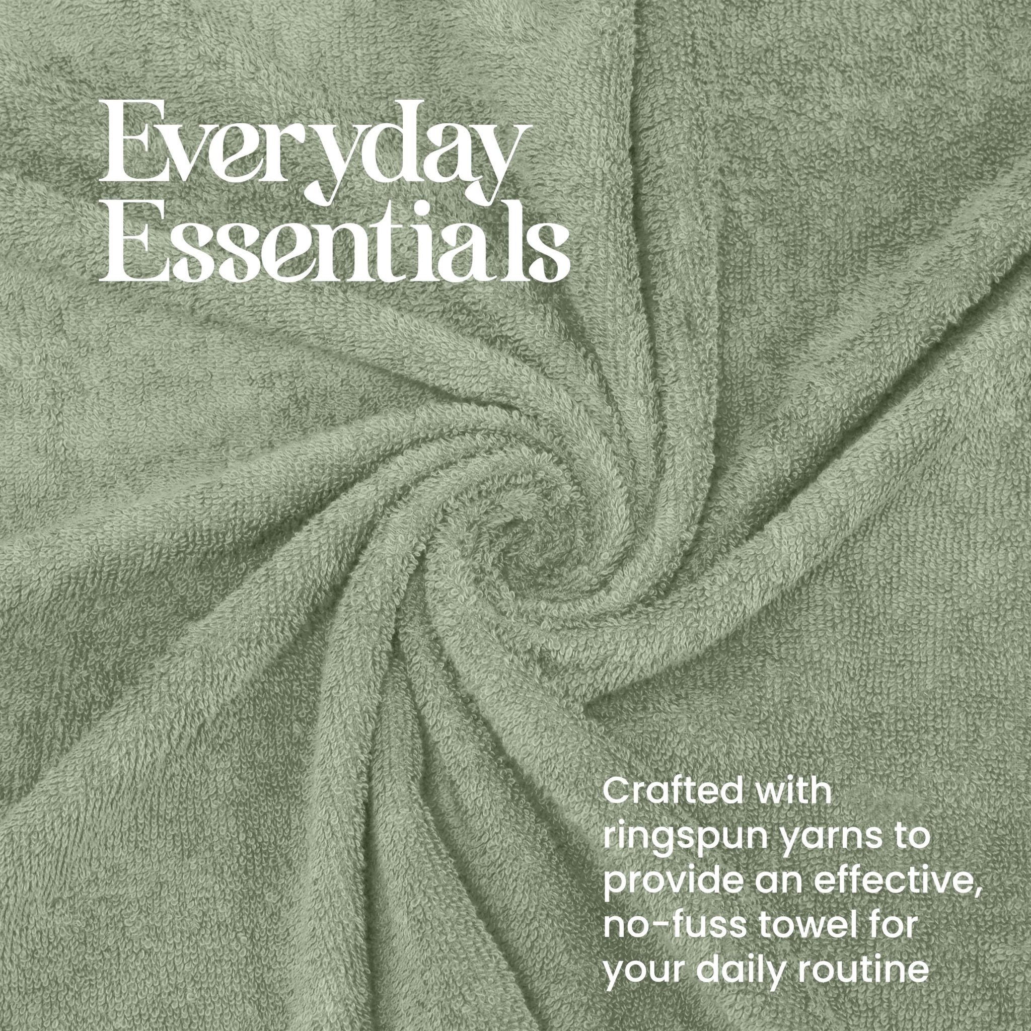 Green towel with 'Everyday Essentials' text and yarn information