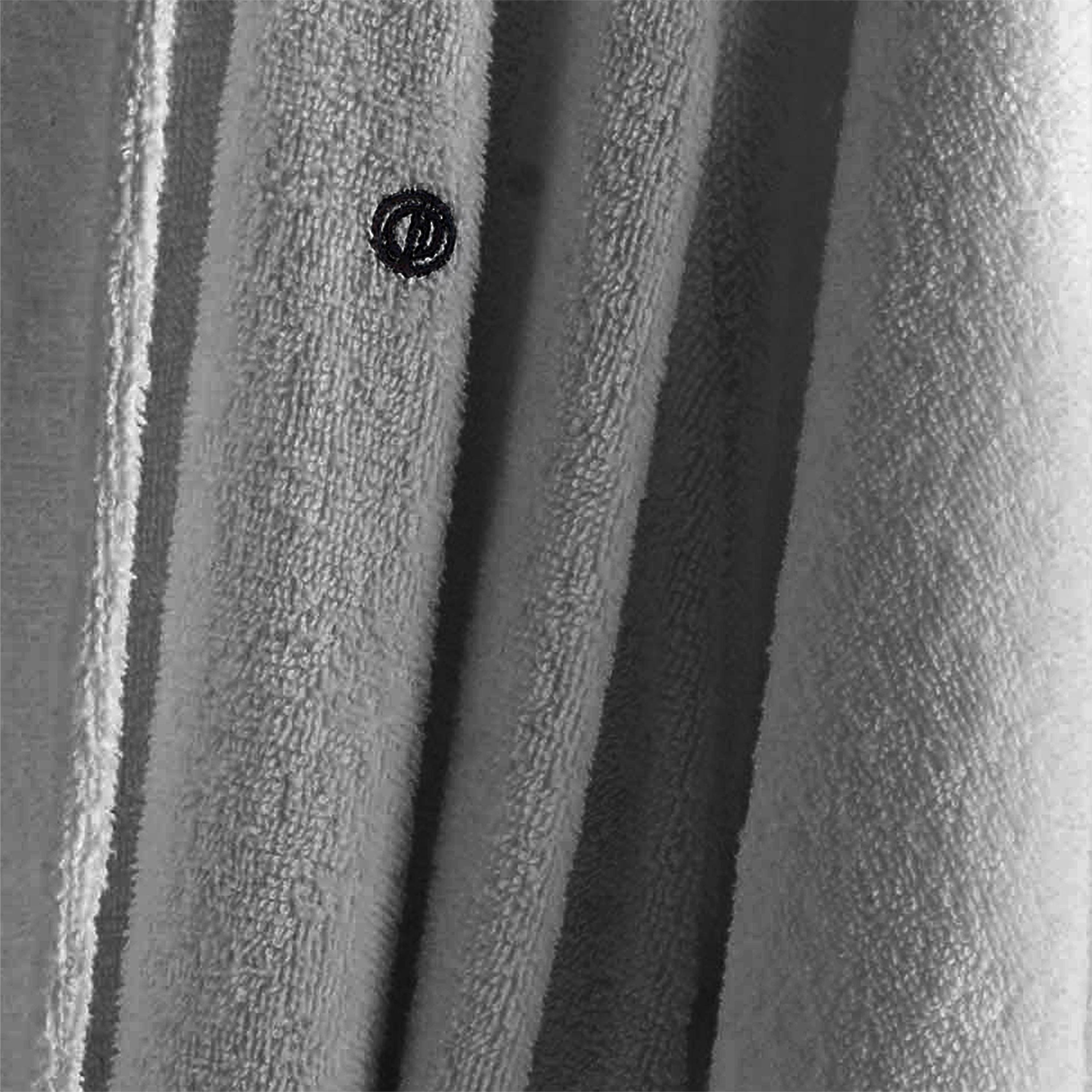 Gray terry bath robe with low lint texture and a small embroidered logo.