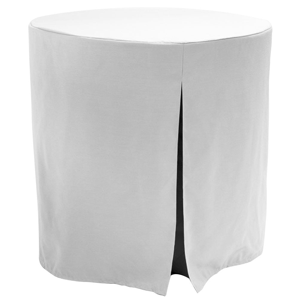Round table cover in white fabric with a slit design for easy placement.