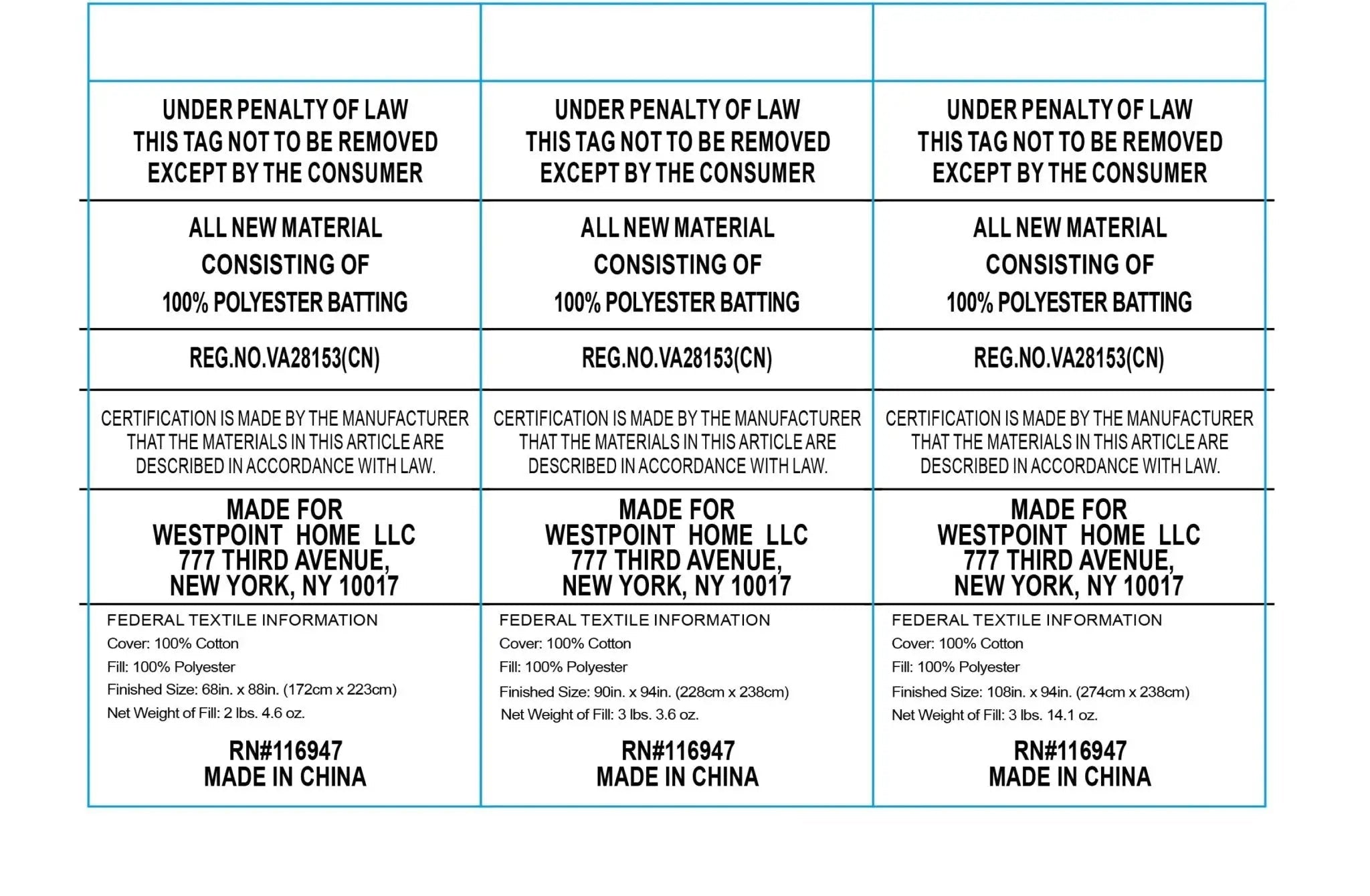 Fabric label with text and specifications on a white background