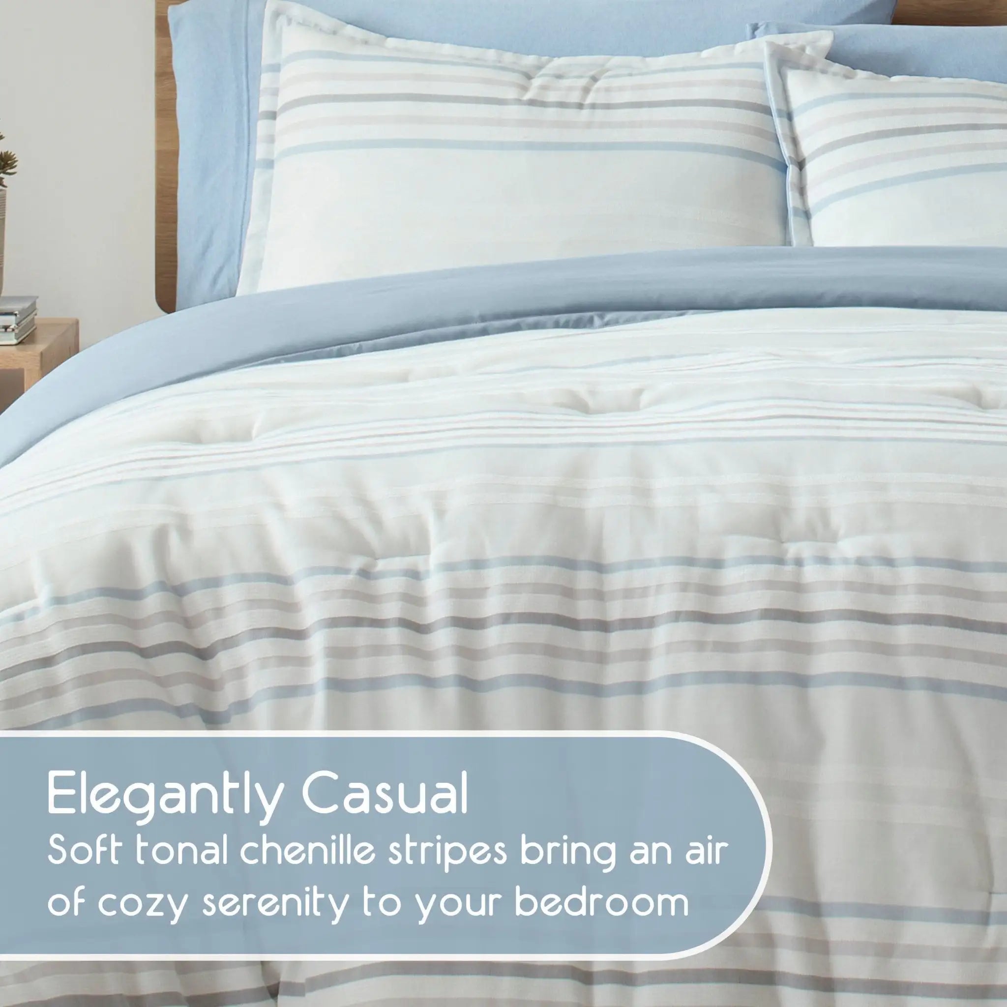 Striped comforter bedding set with text describing its cozy and serene effect.