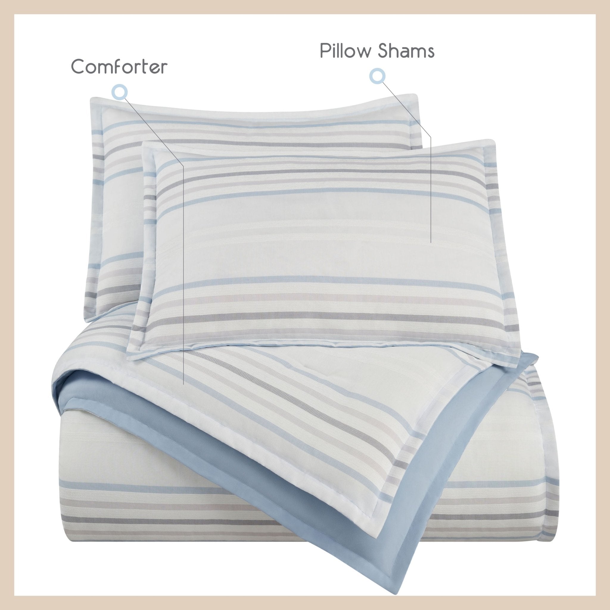 Striped bedding set with comforter and pillow shams on a white background