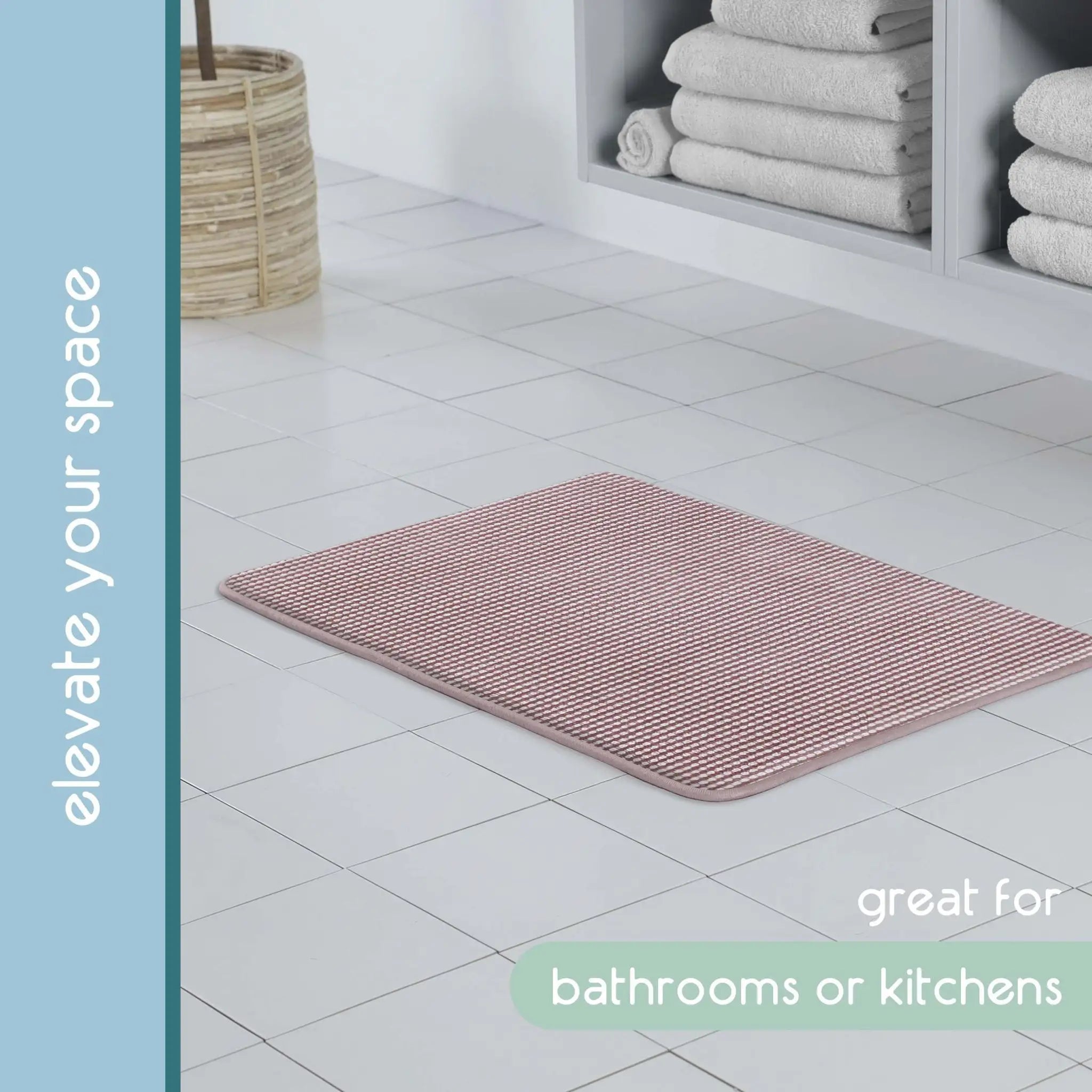 A rectangular berry bath rug shown on a white tiled floor in a bathroom setting. The image includes text overlays reading 'elevate your space' and 'great for bathrooms or kitchens'.