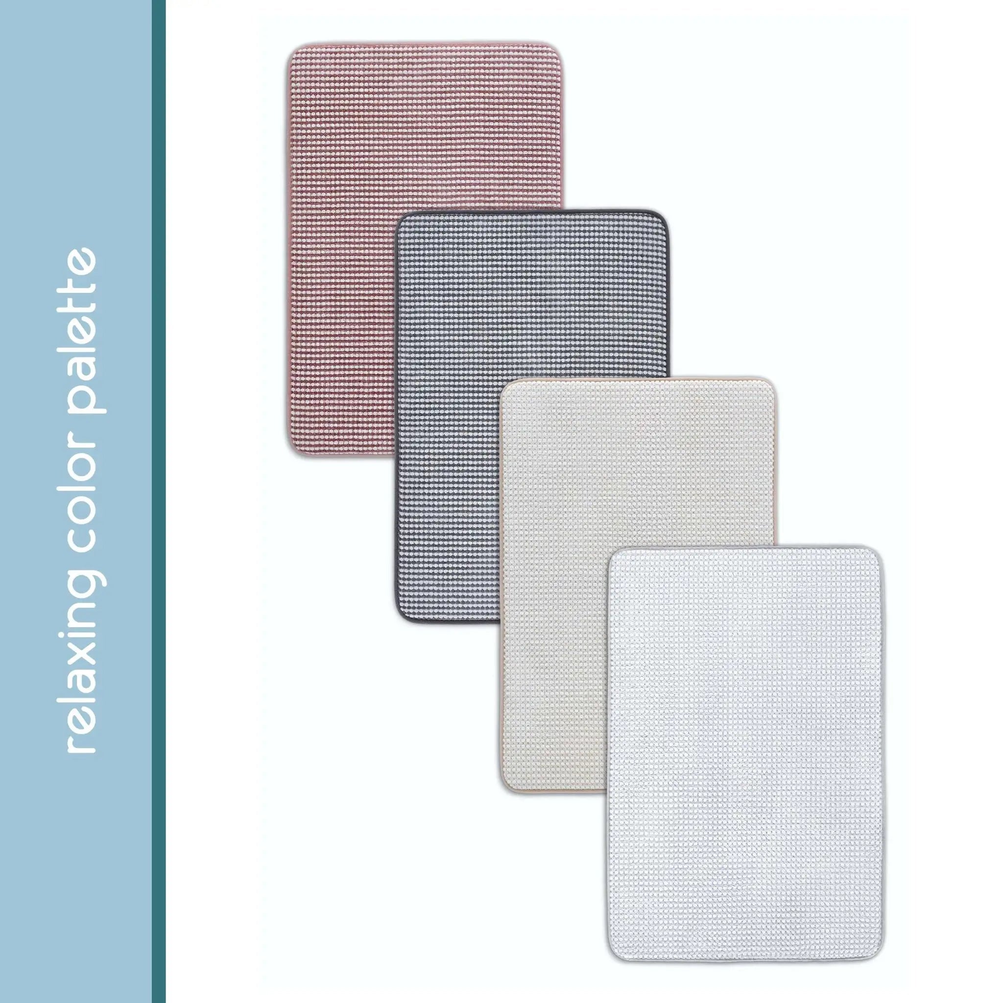 Four rectangular textured rugs arranged in a staggered stack on a white background, with a vertical blue sidebar on the left reading 'relaxing color palette.'