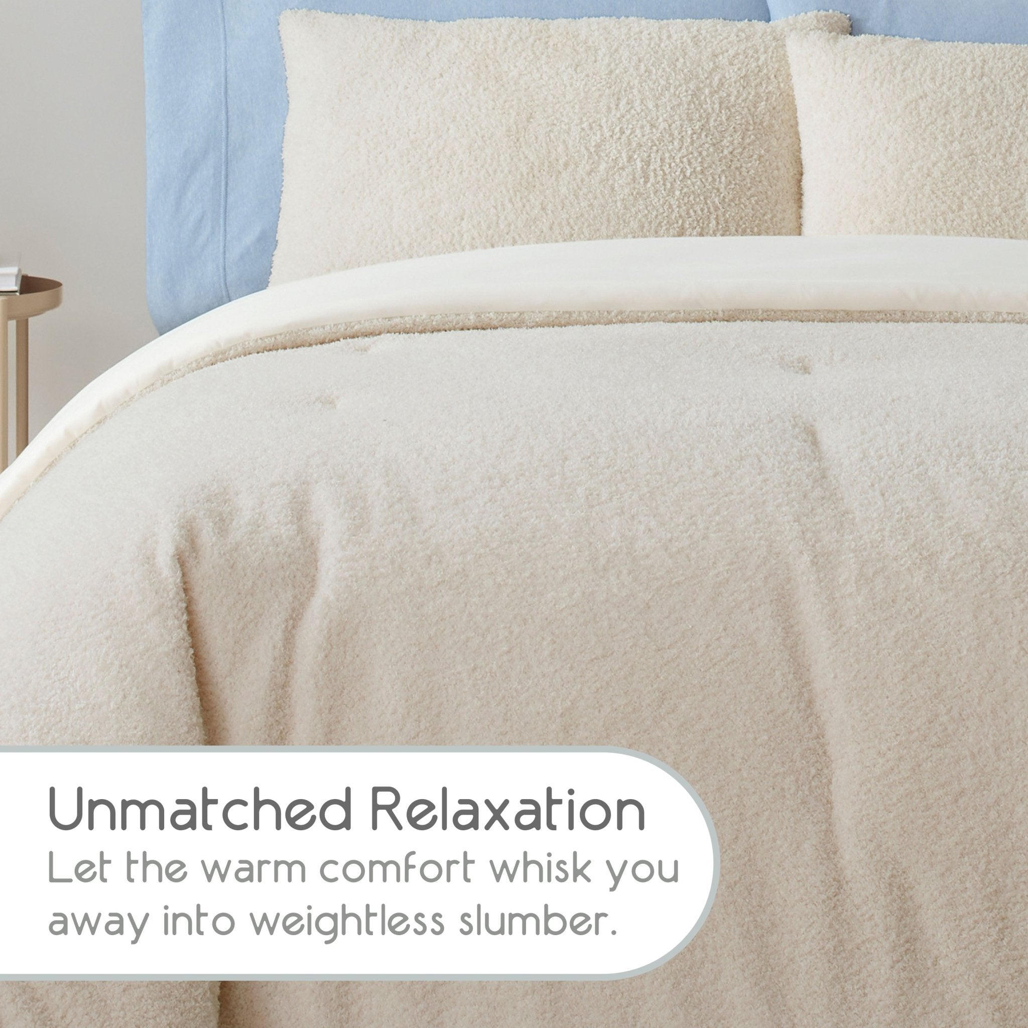 Beige comforter on a bed with text about unmatched relaxation.