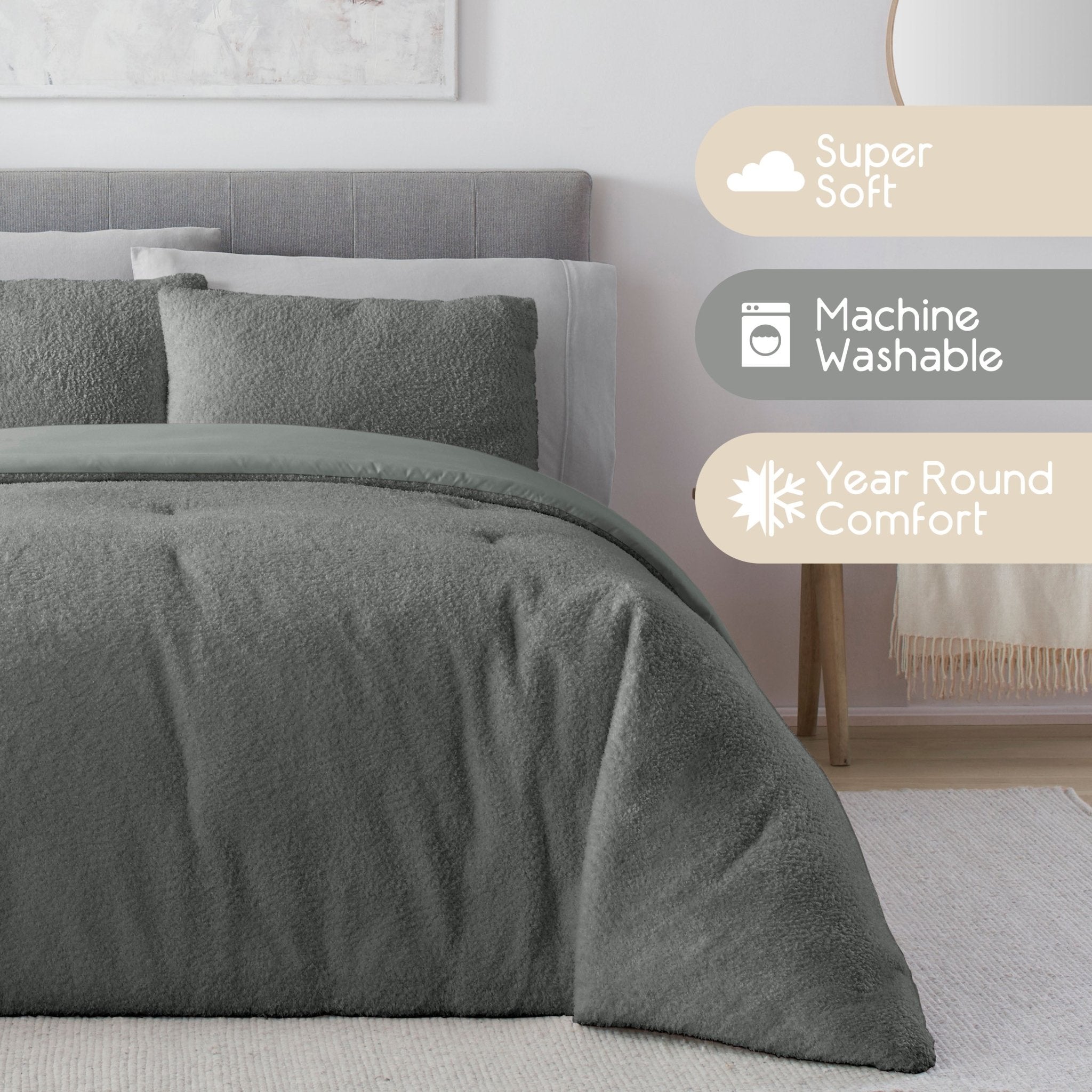 Gray comforter set on a bed with 'Super Soft', 'Machine Washable', and 'Year Round Comfort' features highlighted.