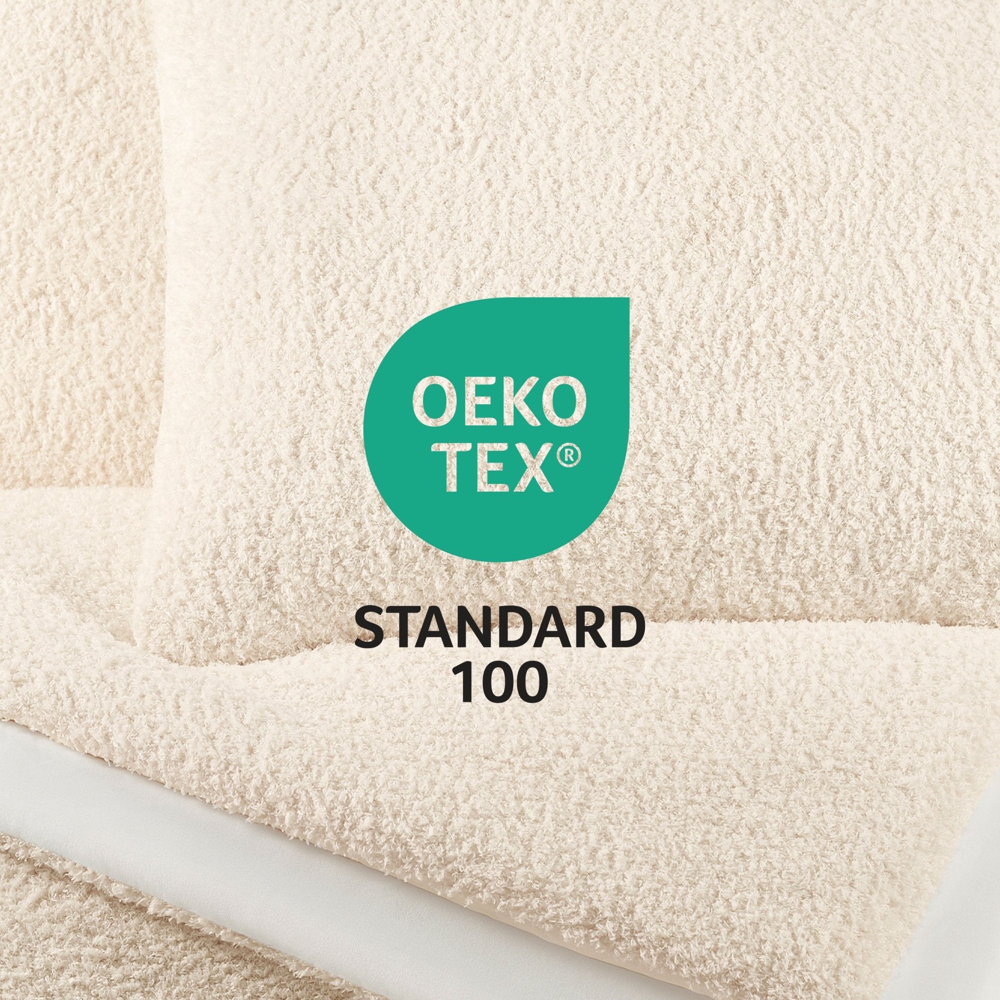 OEKO-TEX Standard 100 logo on a textured beige fabric background