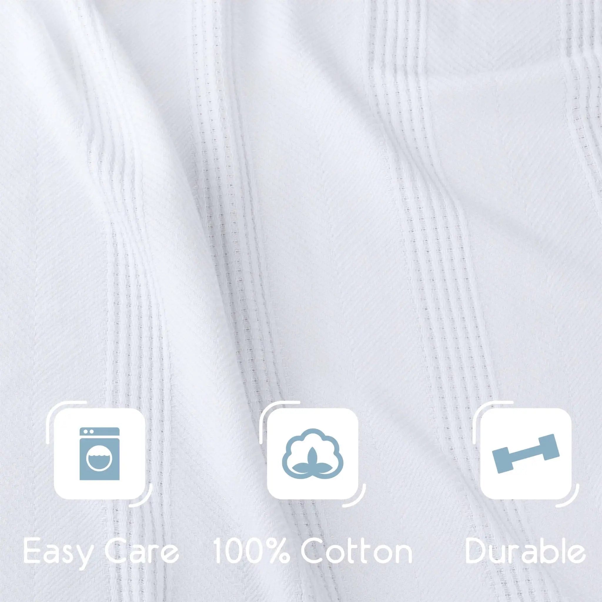 Close-up of a white textured blanket with stitched grooves and three feature icons reading Easy Care, 100% Cotton, and Durable.