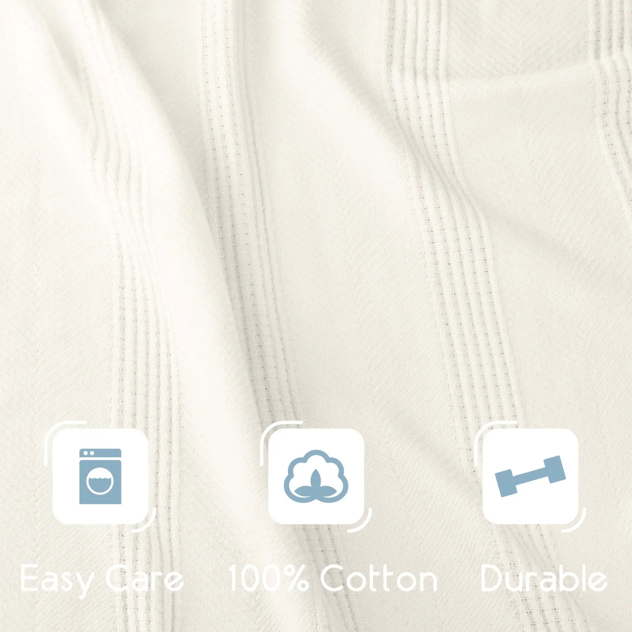Close-up of an ivory textured blanket, featuring three blue icon graphics and text overlays reading 'Easy Care', '100% Cotton', and 'Durable'.
