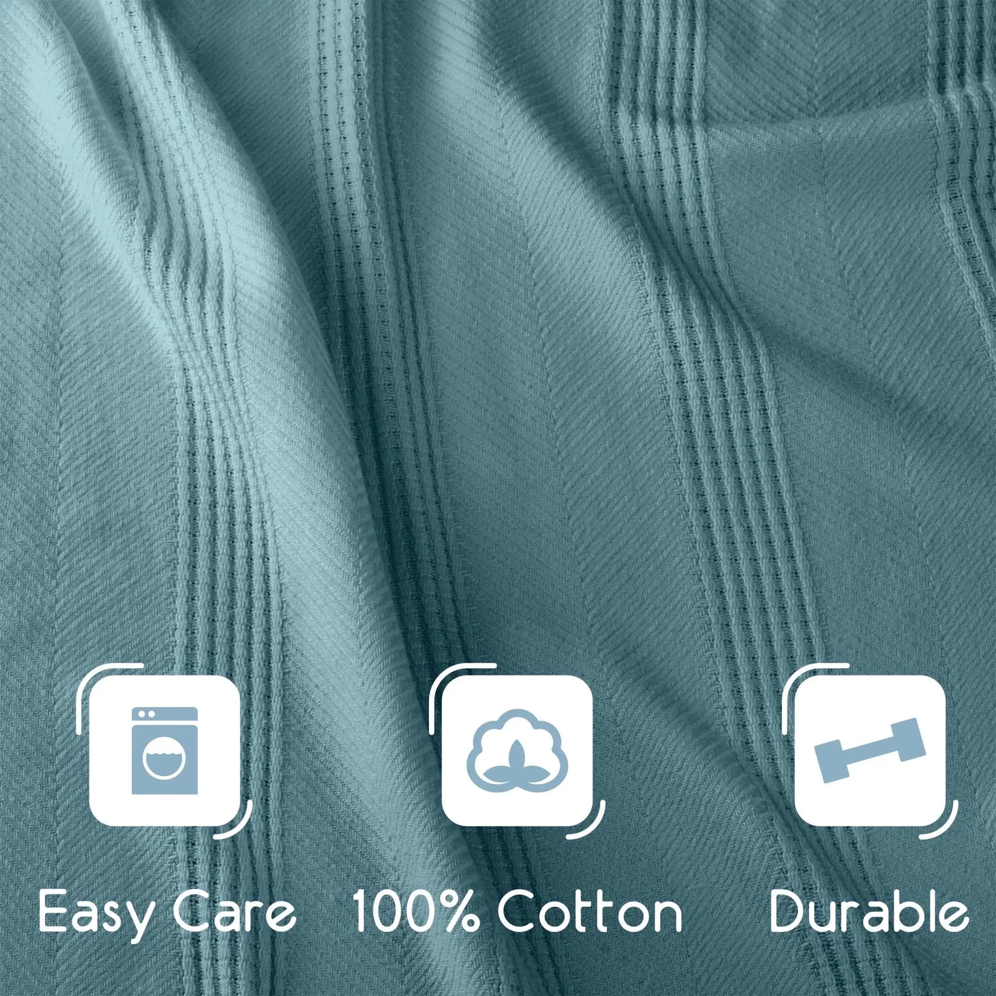Close-up of pacific blue fabric with icons and text indicating 'Easy Care', '100% Cotton', and 'Durable'.