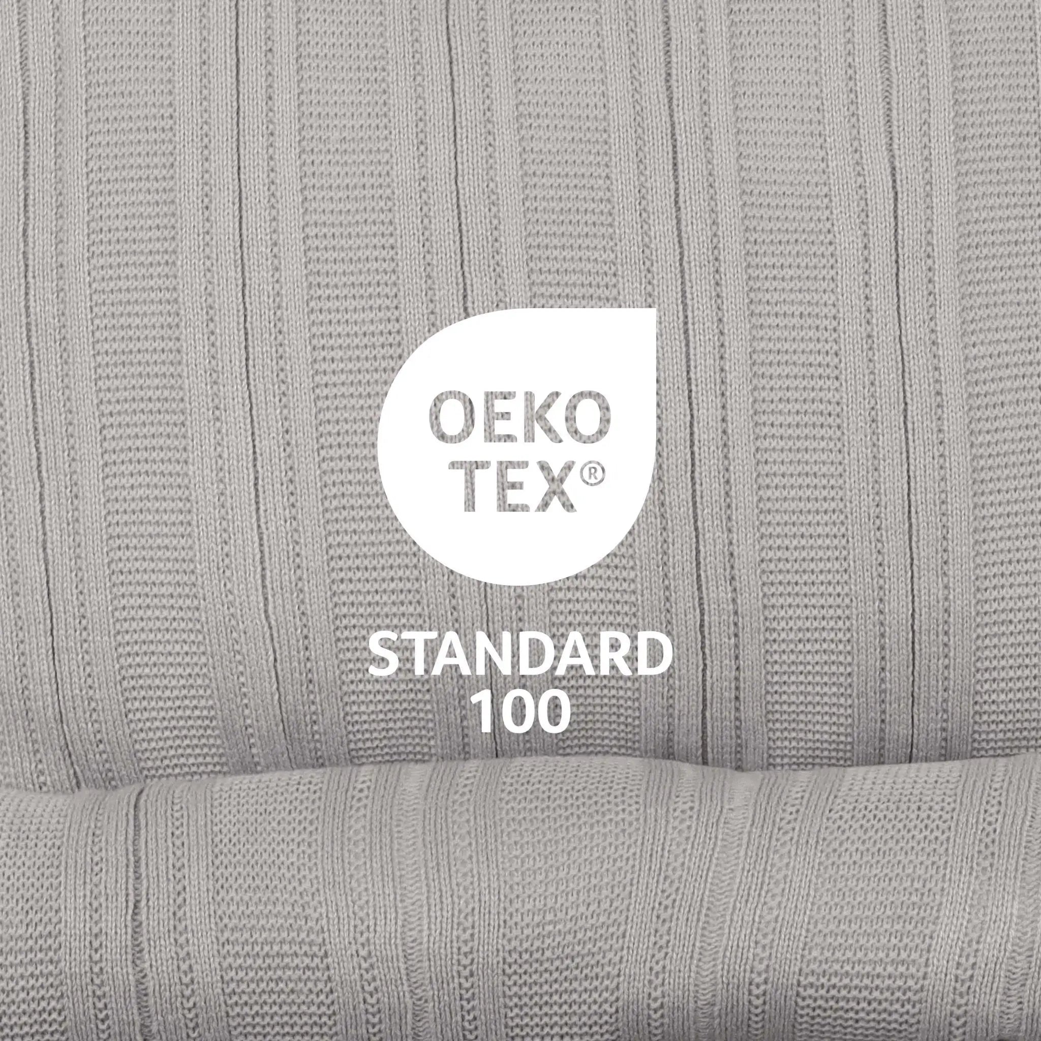 Close-up of a ribbed grey fabric texture with a white OEKO-TEX Standard 100 certification logo in the center.