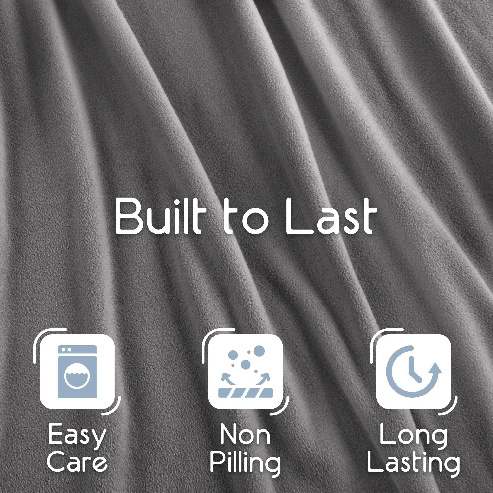 Tornado gray blanket fabric with 'Built to Last' text and icons indicating easy care, non-pilling, and long-lasting properties.