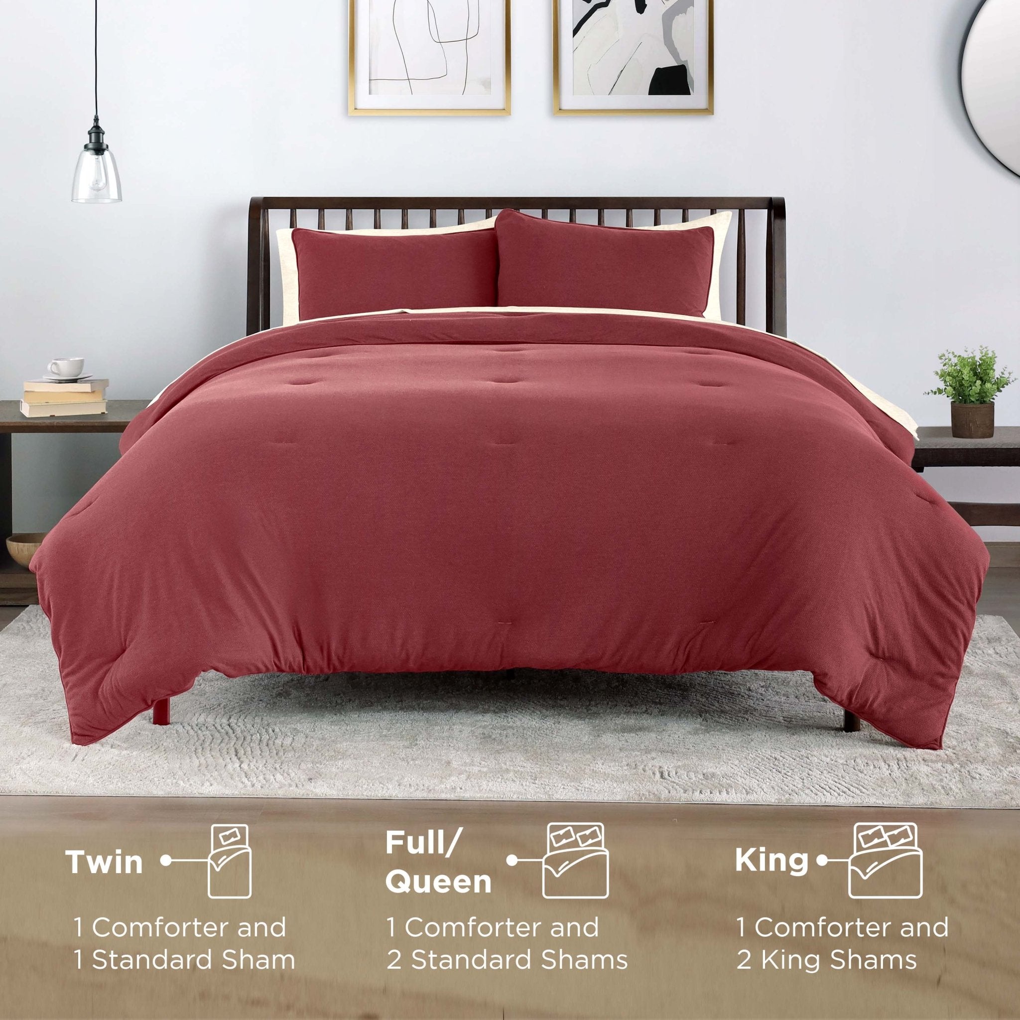 Red comforter set on a bed with size indicators at the bottom.