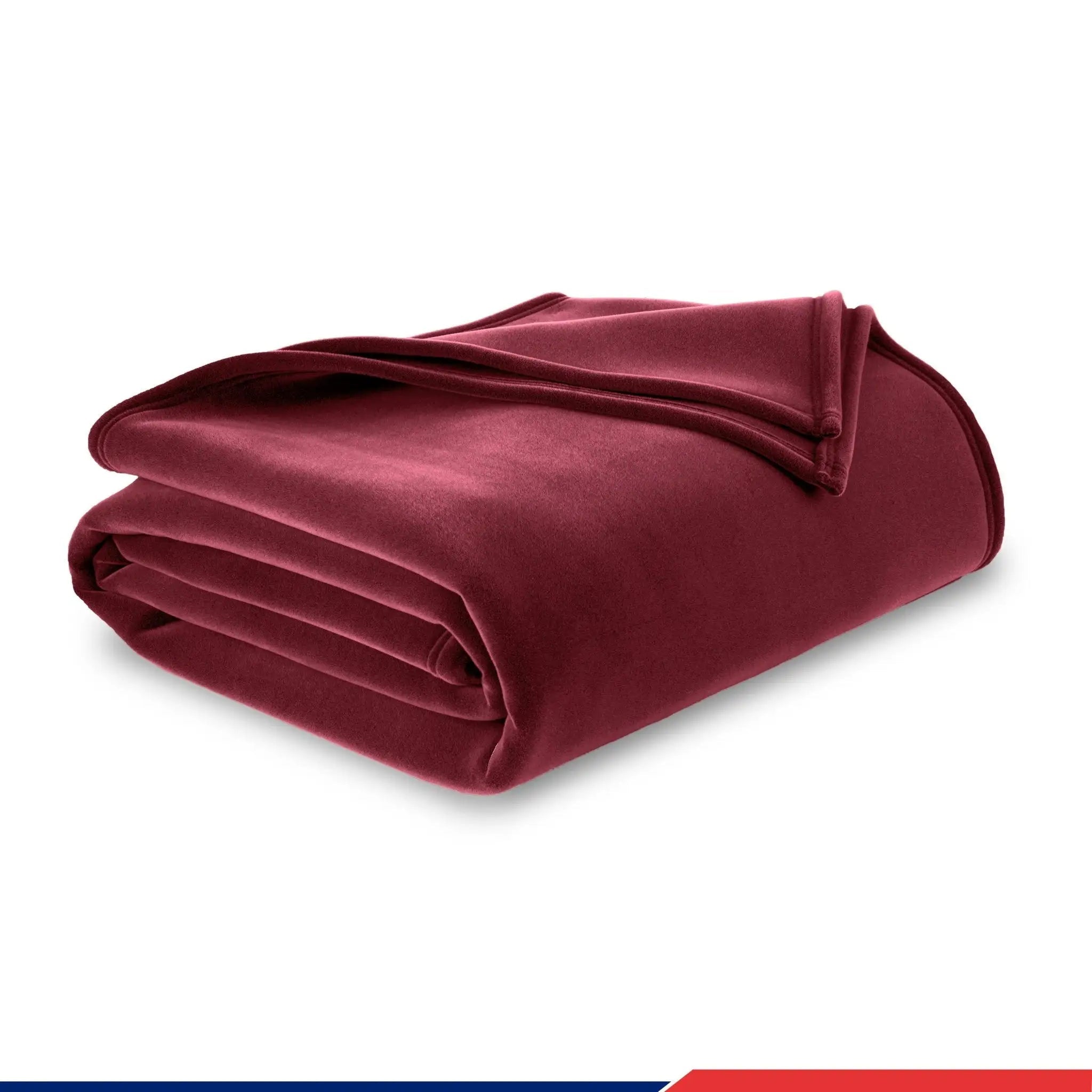A folded plush velvet blanket in a deep burgundy color, presented on a clean white background with a subtle drop shadow.