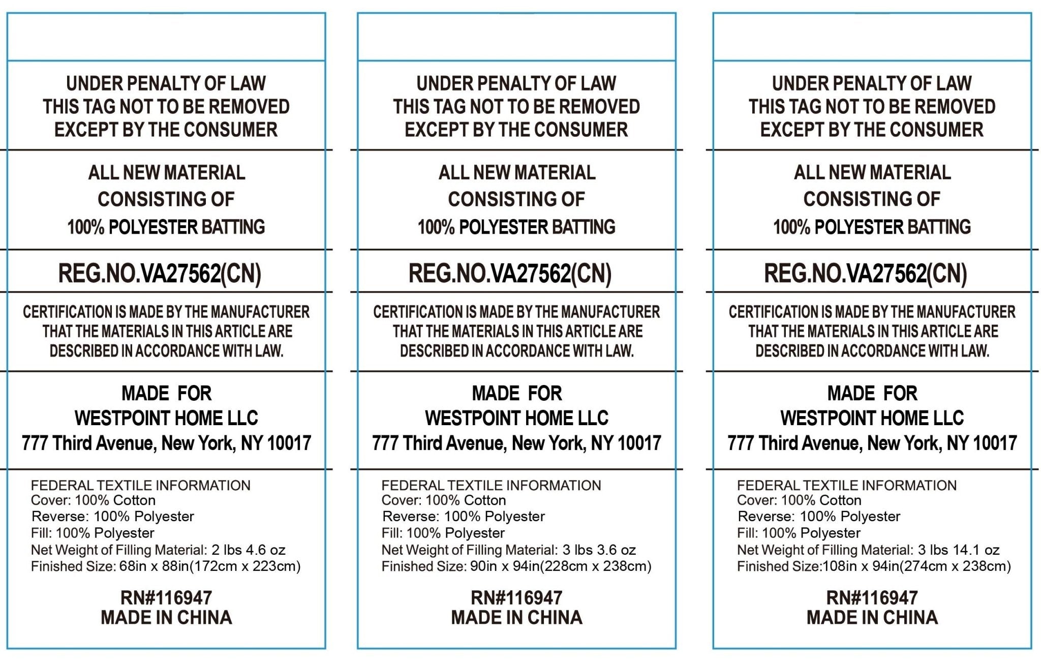 Three identical labels with text and branding information on a white background