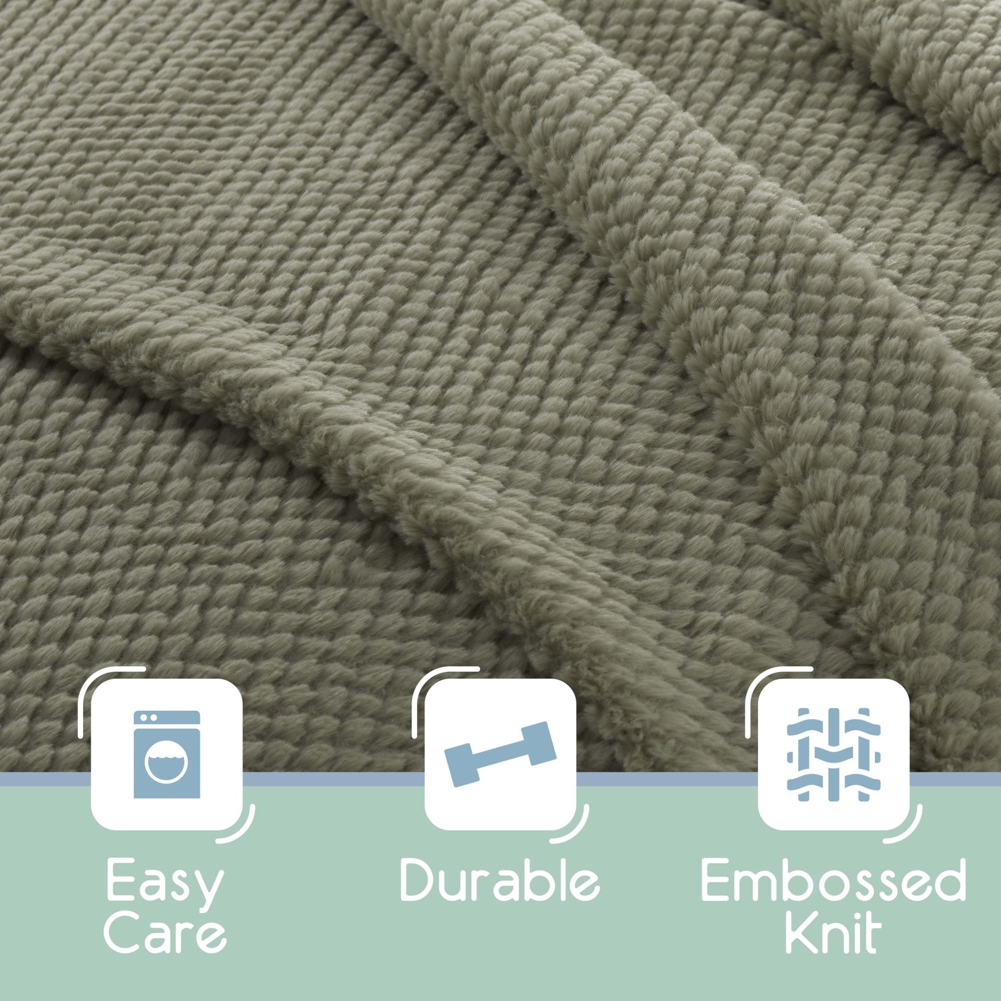 Green knitted blanket with 'Easy Care', 'Durable', and 'Embossed Knit' features displayed.