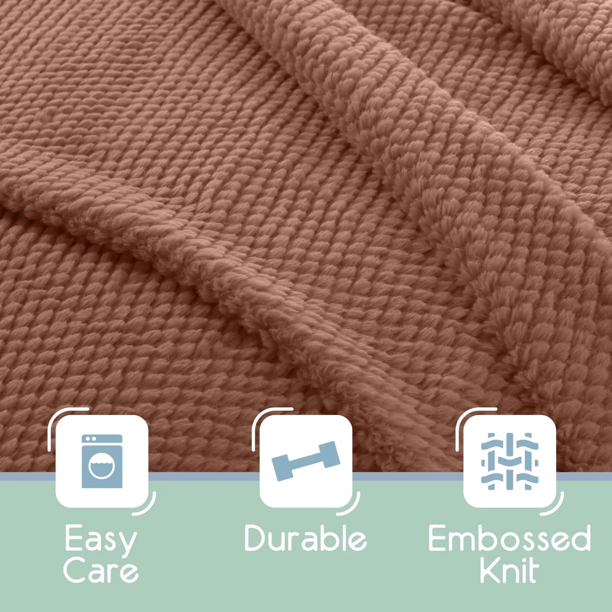 Copper textured fabric with 'Easy Care', 'Durable', and 'Embossed Knit' icons below.