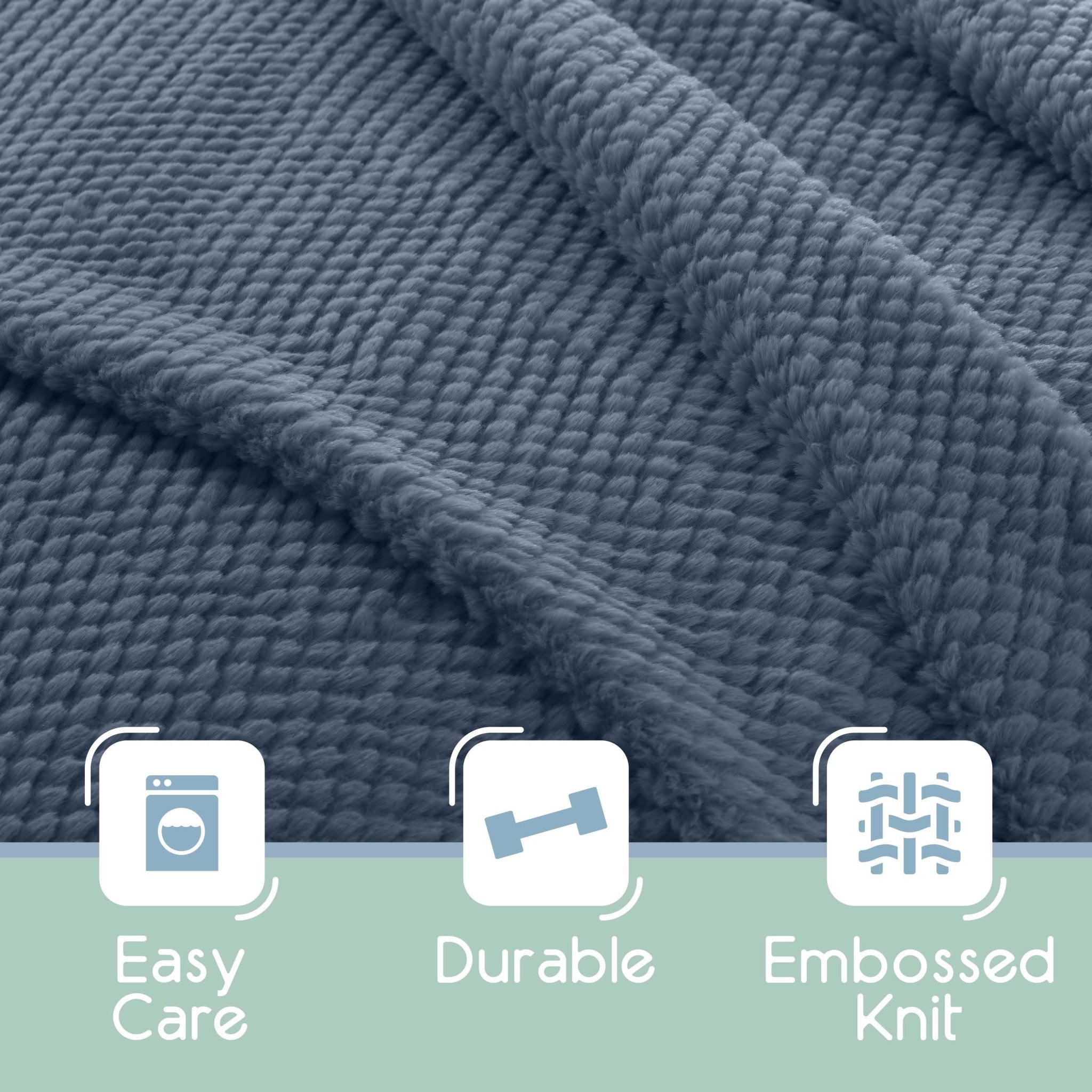 Close-up of a blue textured blanket with 'Easy Care', 'Durable', and 'Embossed Knit' icons below.