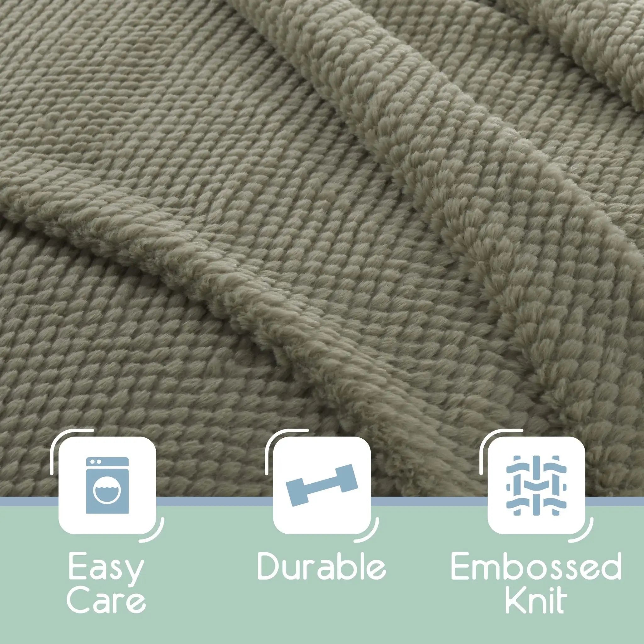 Green textured blanket with 'Easy Care', 'Durable', and 'Embossed Knit' icons below.