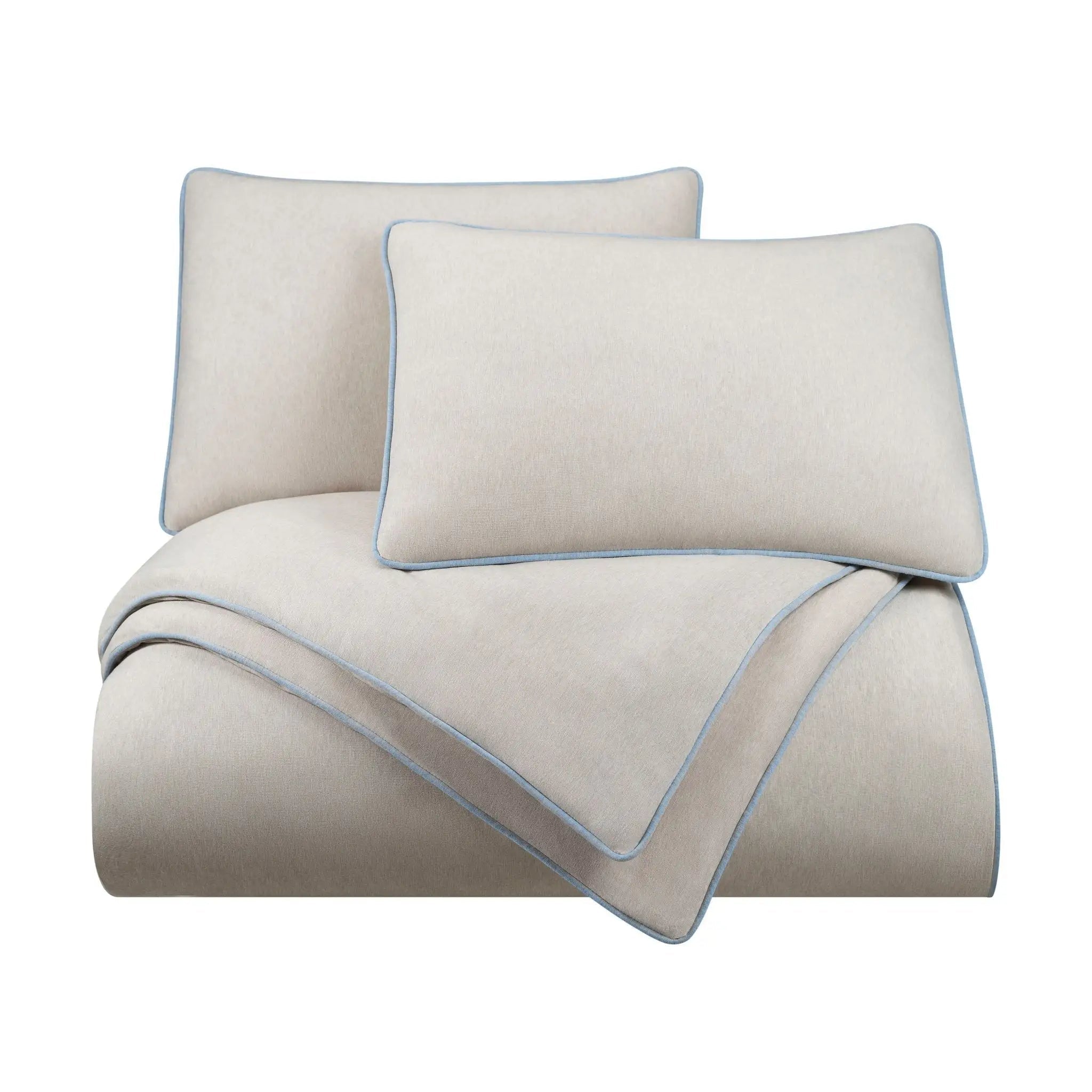 Beige bedding set with light blue piping on a white background