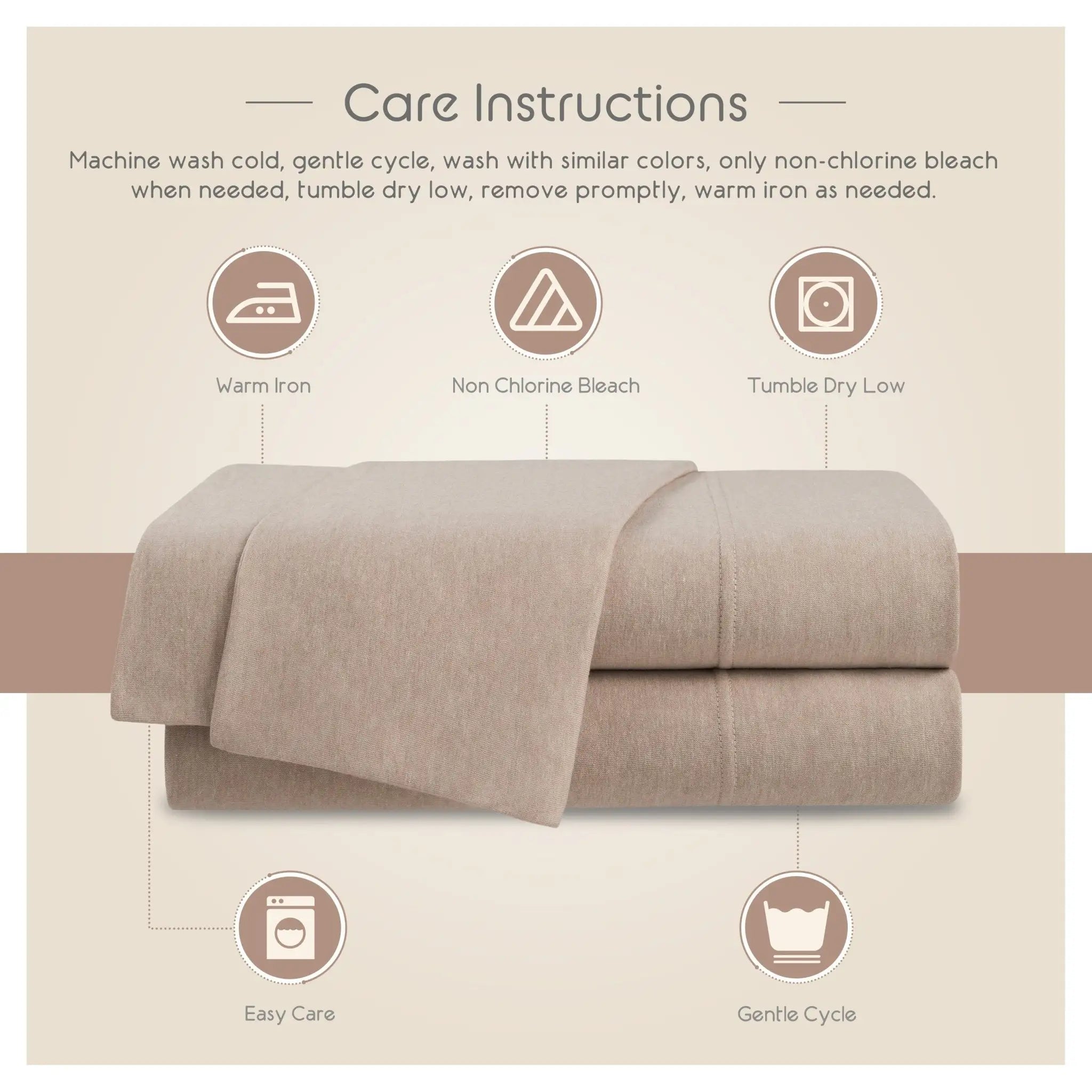 Care instructions for a fabric product with icons and text on a beige background