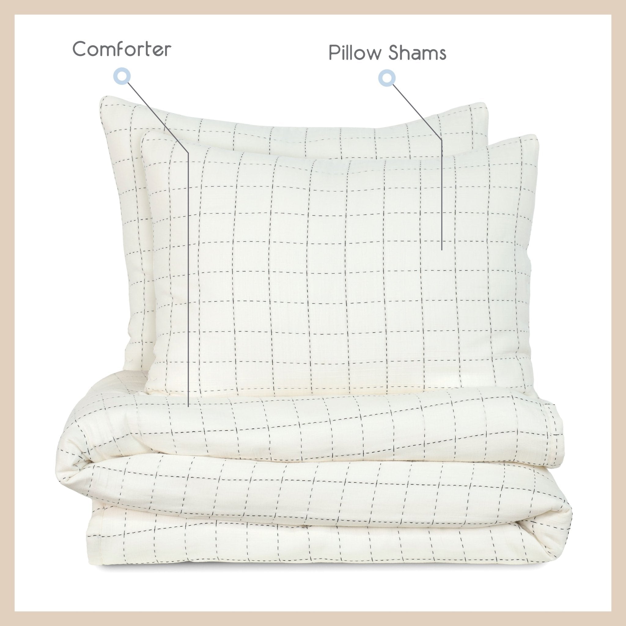 Ivory quilted coverlet with matching pillow shams on a white background