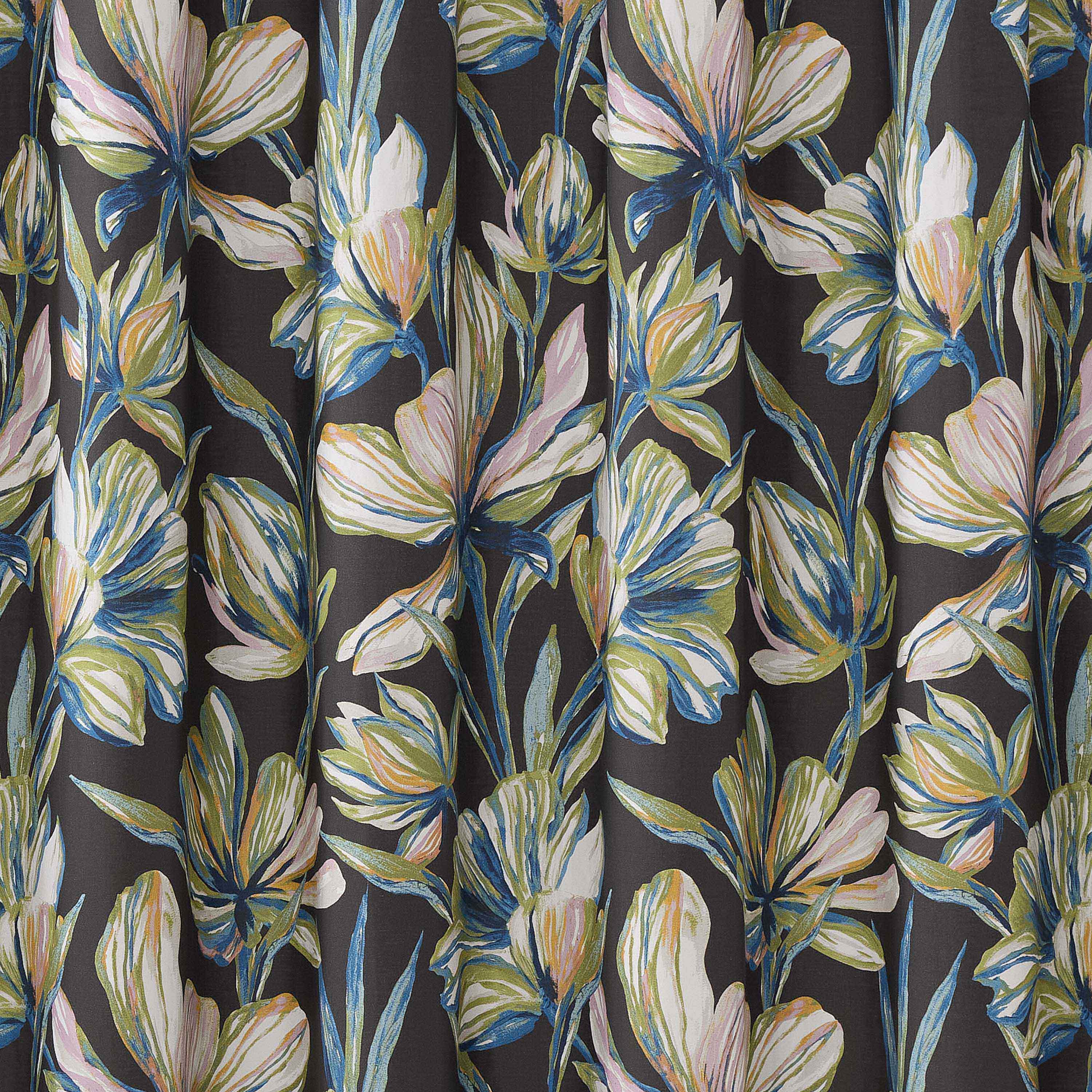 Floral shower curtain featuring large, colorful flowers on a dark background.