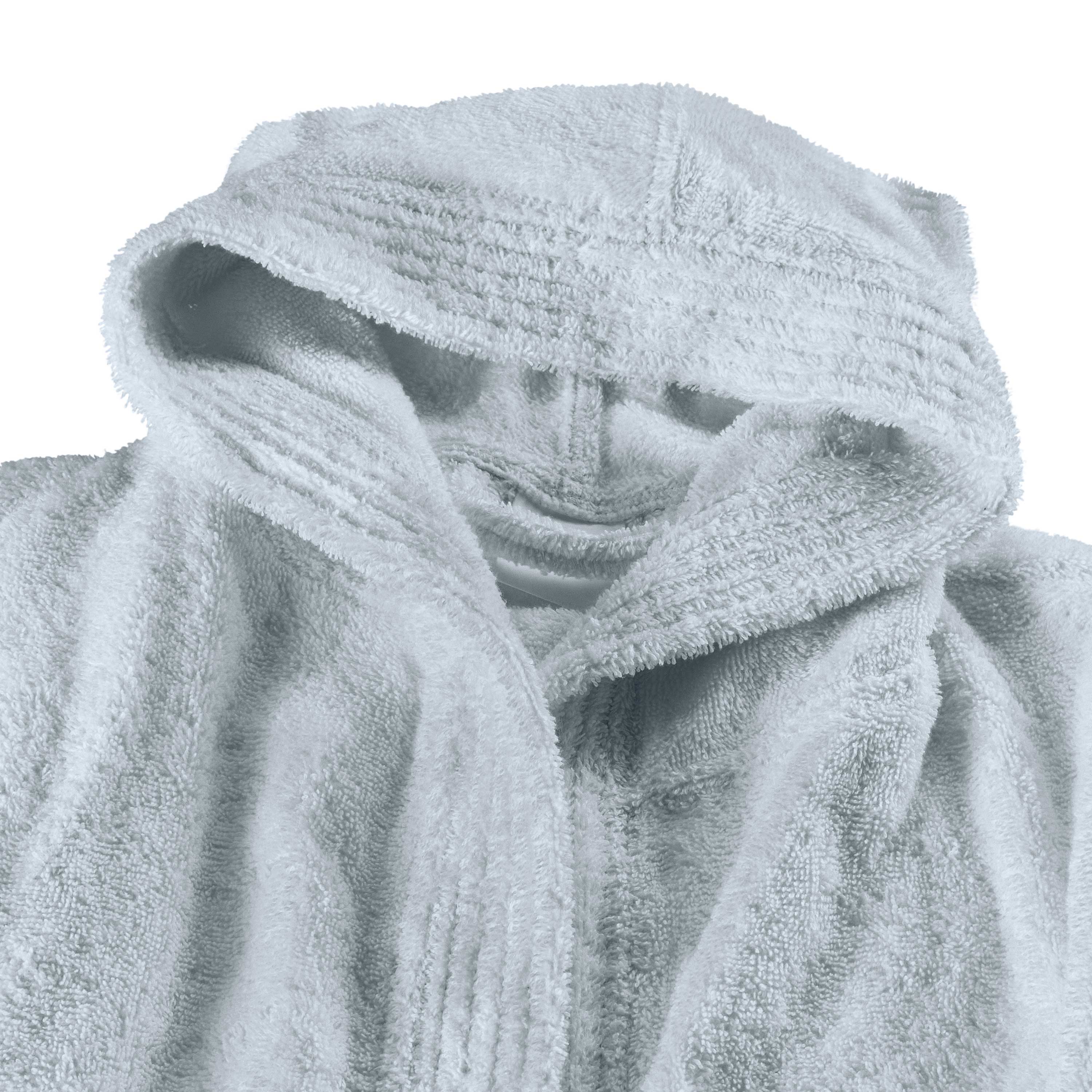 Light gray hooded bath robe with textured fabric and front opening.