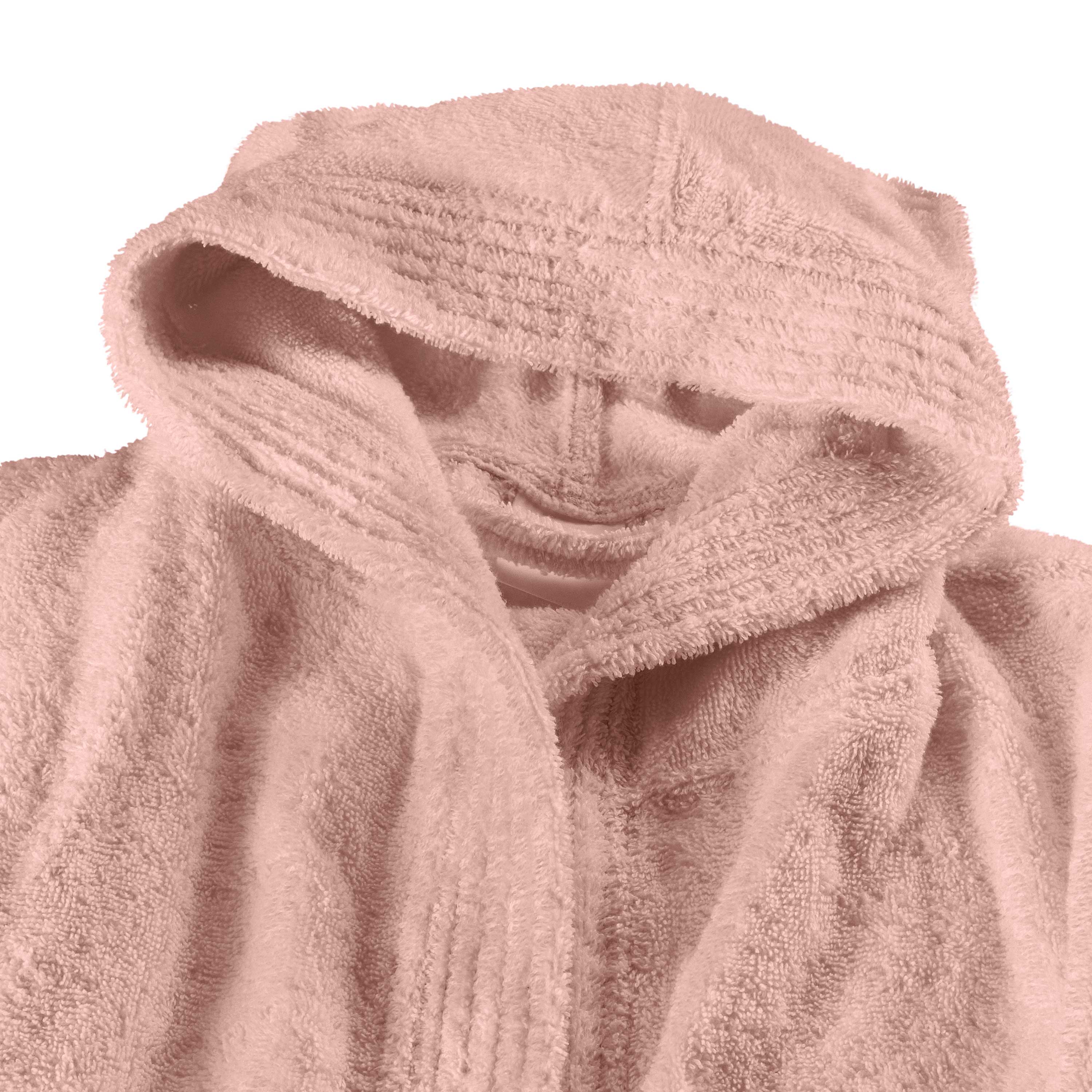 Hooded bath robe in soft pink fabric, featuring a textured design and an open front.