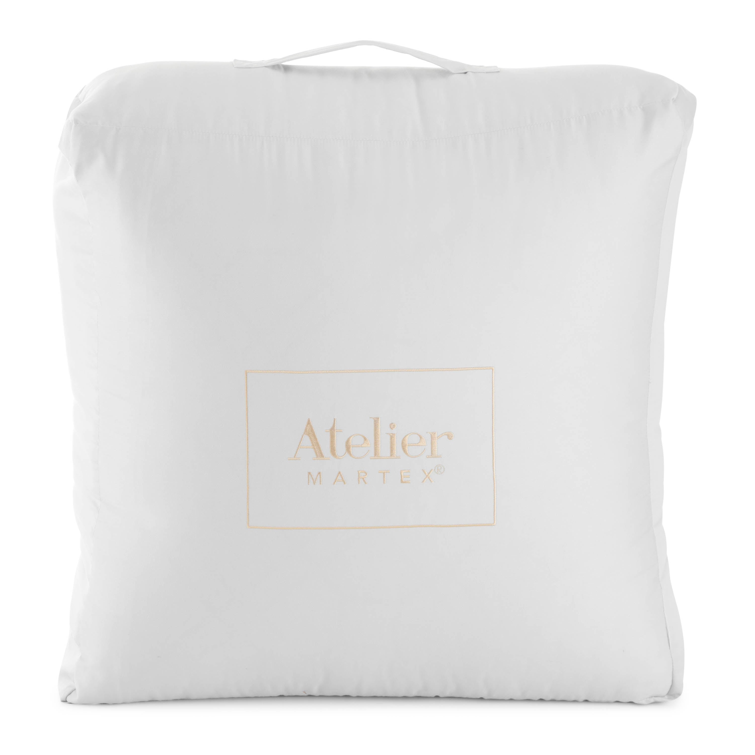 Light gray comforter set packaged in a white bag with a handle and gold logo.