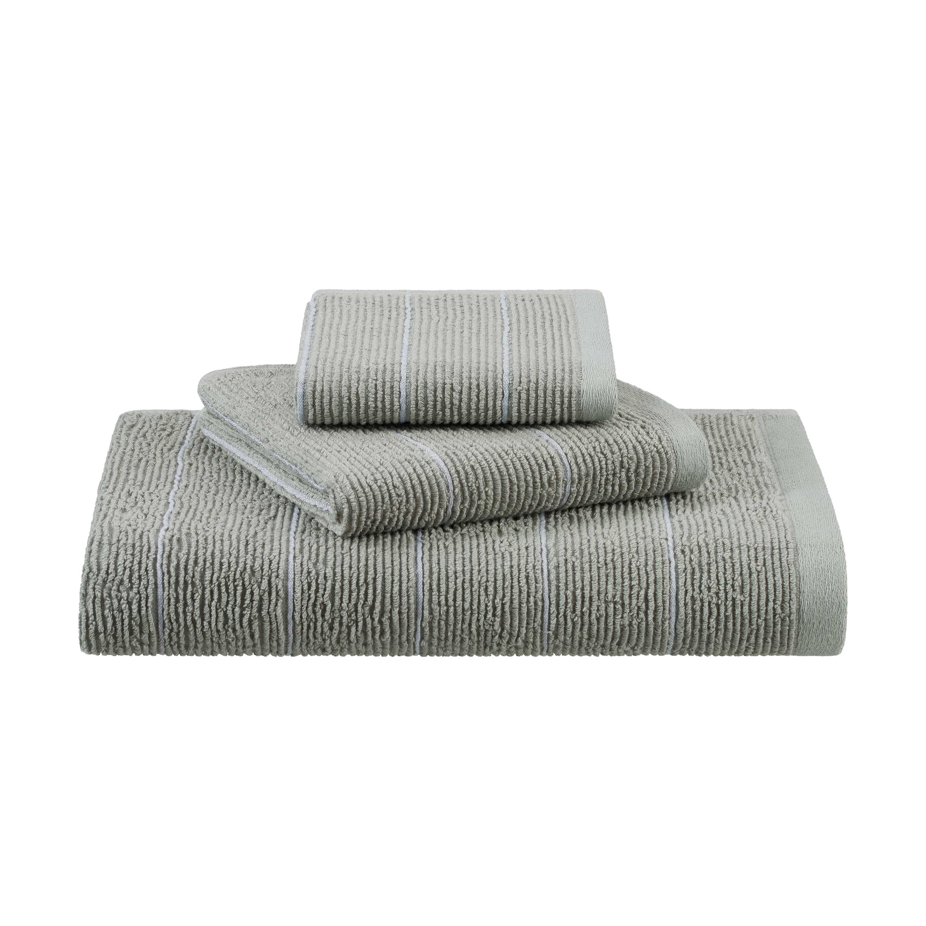 Three towels in varying sizes with a slub stripe pattern in light gray and white.